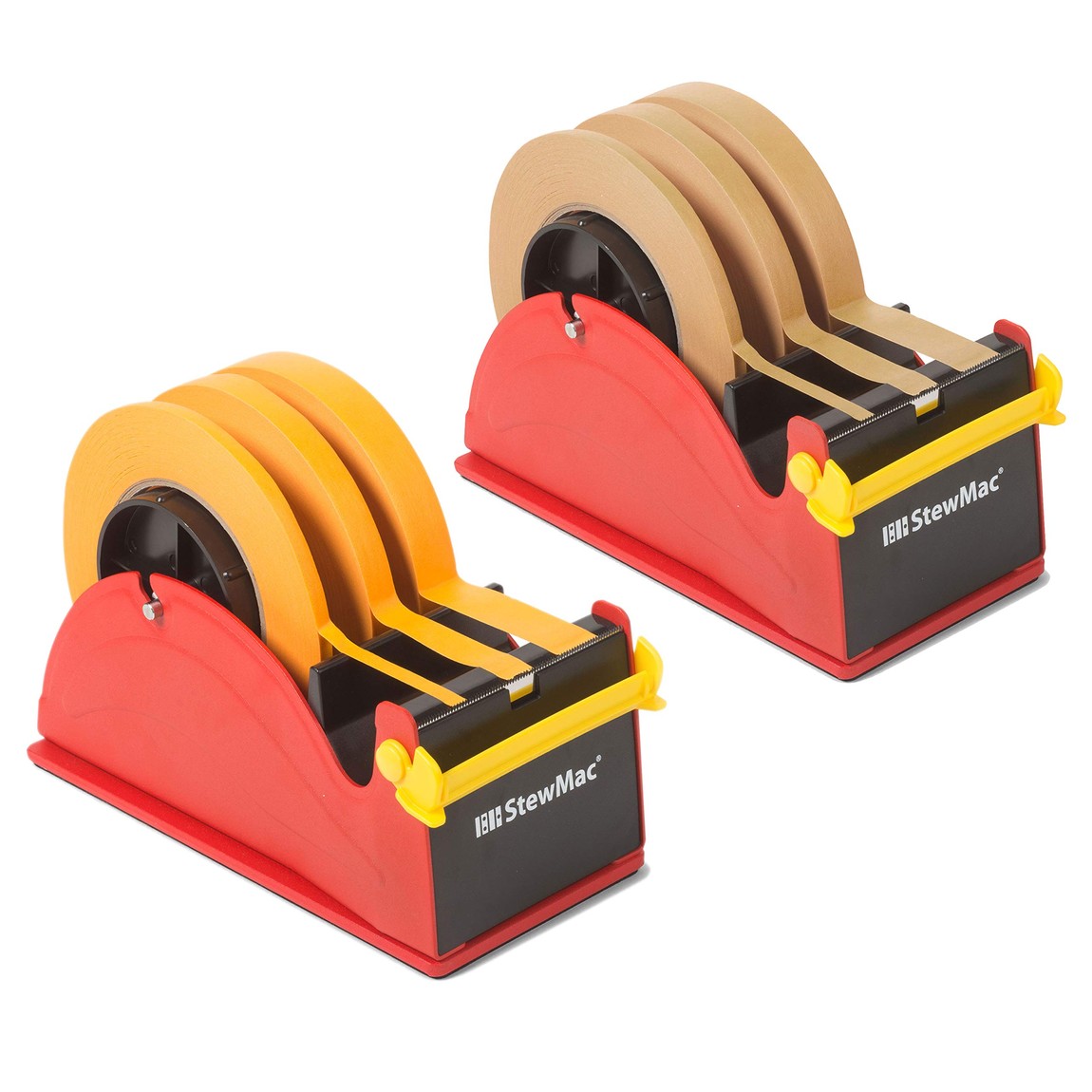 PRODUCT DETAILS StewMac テープディスペンサー 粘着テープセット ギター ベース リペア工具 製作工具 バインディング マスキング オレンジ ブラウン 3サイズ 8点セット【商品仕様】・ ブランド：StewMac・ 品目：テープディスペンサー、粘着テープセット・ 用途：ギター・ベースの製作、リペア、バインディングの固定、マスキング、クランプ作業・ セット内容：テープディスペンサー 2台、オレンジテープ 3巻、ブラウンテープ 3巻（各 1/4インチ、1/2インチ、3/4インチ）・ テープ幅：1/4" (約6.35mm)、1/2" (約12.7mm)、3/4" (約19.05mm)・ テープ長さ：各60ヤード (約54.8m)・ ディスペンサーサイズ：長さ 8-1/2" (約215.9mm) × 幅 4" (約101.6mm)・ ディスペンサー重量：3.33 lb (約1.51 kg)・ 対応テープ芯：3インチ (約76.2mm)【特徴】・ 1台に3つの独立したホイールを備え、異なる幅のテープを同時にセットして片手で使用できる重量級ディスペンサーのセットです。・ 多目的に使用できる中粘着のオレンジテープと、バインディング固定に適した強粘着のブラウンテープが付属します。・ 底面のグリップと本体重量により、テープを引き出す際も本体が滑りにくく安定した作業が可能です。・ クイックチェンジコアを採用しており、テープの交換やサイズ変更を数秒で行うことができます。【ご注意】・ 米国仕様の製品です。インチ規格のサイズ・番手表記の場合があります。・ 工具の使用には楽器リペアの知識が必要です。作業による楽器の損傷について当店は責任を負いかねます。 ■ 商品について 海外輸入品（説明書は英語表記の場合あり） ■ ご注意 ・掲載画像は実物に近い色味になるよう調整しておりますが、ご利用の環境により差異が生じる場合があります。・複数店舗で在庫を共有しているため、ご注文後に在庫切れとなる場合がございます。 ■ 納期について お届けの目安を必ずご確認ください。 海外正規ルート仕入れ品 海外ブランド ▼ 海外正規ブランド店 正規代理店 ▼ 当 店 ※本商品は並行輸入品です 製造元は正規品と同一のブランド・メーカーです。当店では海外正規ルートより仕入れた商品を取り扱っております。流通ルートが異なるのみで、商品自体に違いはございません。 ── 当店の商品について ── 正規品のみ取り扱い 海外正規店・正規代理店から商品を直接仕入れ、国内に輸入して販売しております。 日本未入荷・海外限定モデルも多数 日本未入荷・海外限定モデルも多数取り扱っております。サイズ・カラー違いや海外限定で販売された製品など、日本では手に入りにくいアイテムをお届けいたします。 お求めやすい価格の理由 海外市場での価格差や流通ルートの違いにより、国内販売価格よりお求めやすくなっております。品質はそのままに、よりお手頃な価格でお届けいたします。 安心保証 ご使用前に万が一、製品に不具合がございました場合は、交換または商品代金のご返金にて対応させていただきます。商品到着後5日以内にご連絡ください。 ご注意 海外からの輸入品となります。海外輸送のため、外箱に軽微なスレ等がある場合がございますが、商品本体には影響ございません。 ※在庫状況は仕入先の在庫情報をもとに出来る限り正確に表示しておりますが、取寄せ商品のため、タイミングによりご注文後に欠品・キャンセルとなる場合がございます。 お探しの商品がございましたら、お気軽にご相談ください。