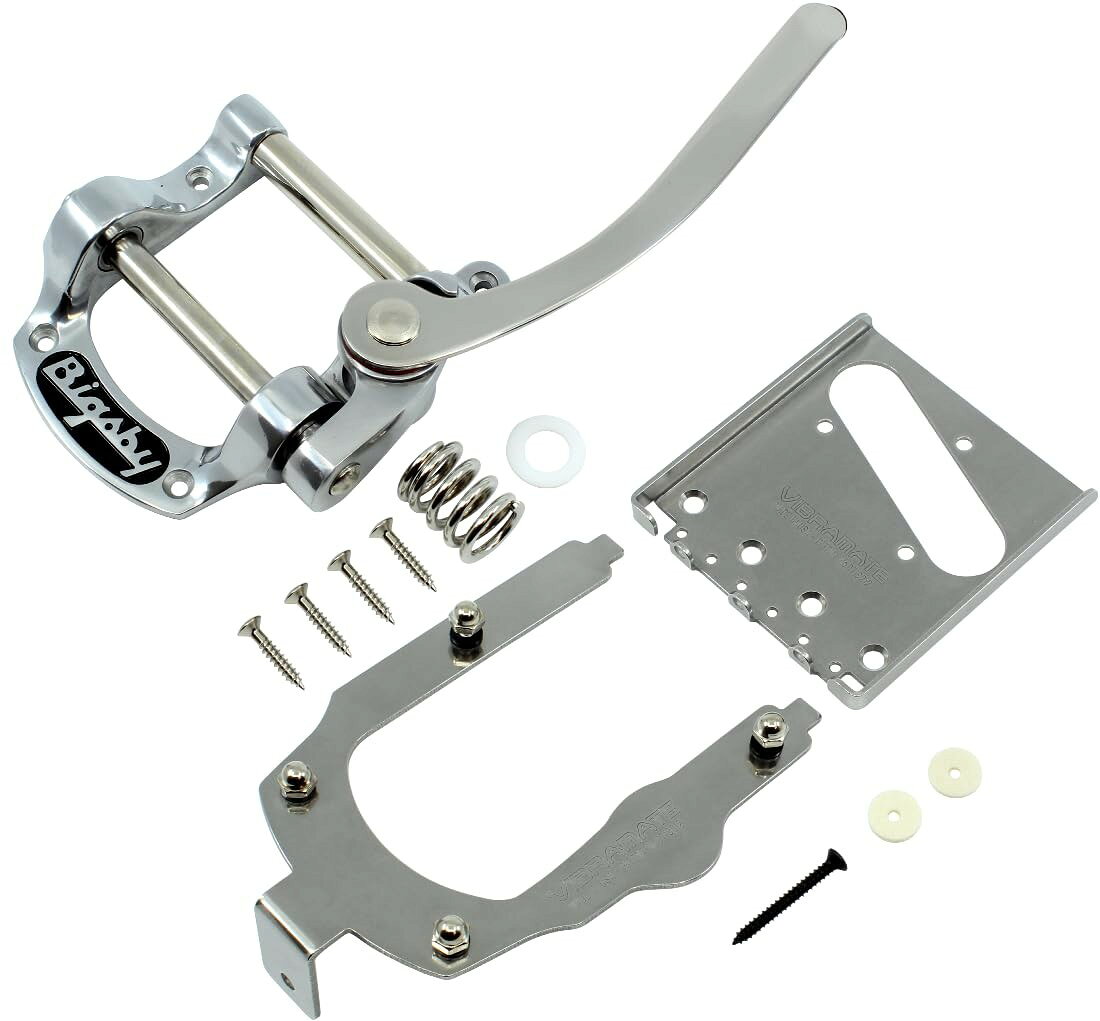 PRODUCT DETAILS Bigsby Vibramate B5 V5-TEV Stage II ギター用 トレモロ ブリッジ セット テレキャスター用 シルバー【商品仕様】・ ブランド：Bigsby / Vibramate・ 型番：B5 / V5-TEV Stage II・ 品目：トレモロ / ブリッジ 取付キット セット・ 対応モデル：テレキャスター・ 素材：アルミニウム・ カラー：シルバー・ 付属品：トレモロ本体、アーム、取付用ネジ4本、スプリング、プラスチックワッシャー【特徴】・ Bigsby B5とVibramate V5-TEV Stage IIがセットになった、テレキャスター用トレモロ取付キットです。・ ギター本体への穴あけ加工やハンダ付け、ネックの取り外しをすることなく取り付けが可能です。・ 既存のテレキャスター用ピックアップやブリッジサドルをそのまま使用できるよう設計されています。・ 伝統的なアッシュトレイ・スタイルのルックスを維持しながら、適切な位置にトレモロを配置できます。【ご注意】・ 取り付けには加工・配線作業が必要な場合があります。お手持ちの楽器との適合（弦数・サイズ・取付穴位置）をご確認のうえご注文ください。・ アクティブタイプのピックアップは9V電池が必要です（電池は付属しない場合があります）。 ■ 商品について 海外輸入品（説明書は英語表記の場合あり） ■ ご注意 ・掲載画像は実物に近い色味になるよう調整しておりますが、ご利用の環境により差異が生じる場合があります。・複数店舗で在庫を共有しているため、ご注文後に在庫切れとなる場合がございます。 ■ 納期について お届けの目安を必ずご確認ください。 海外正規ルート仕入れ品 海外ブランド ▼ 海外正規ブランド店 正規代理店 ▼ 当 店 ※本商品は並行輸入品です 製造元は正規品と同一のブランド・メーカーです。当店では海外正規ルートより仕入れた商品を取り扱っております。流通ルートが異なるのみで、商品自体に違いはございません。 ── 当店の商品について ── 正規品のみ取り扱い 海外正規店・正規代理店から商品を直接仕入れ、国内に輸入して販売しております。 日本未入荷・海外限定モデルも多数 日本未入荷・海外限定モデルも多数取り扱っております。サイズ・カラー違いや海外限定で販売された製品など、日本では手に入りにくいアイテムをお届けいたします。 お求めやすい価格の理由 海外市場での価格差や流通ルートの違いにより、国内販売価格よりお求めやすくなっております。品質はそのままに、よりお手頃な価格でお届けいたします。 安心保証 ご使用前に万が一、製品に不具合がございました場合は、交換または商品代金のご返金にて対応させていただきます。商品到着後5日以内にご連絡ください。 ご注意 海外からの輸入品となります。海外輸送のため、外箱に軽微なスレ等がある場合がございますが、商品本体には影響ございません。 ※在庫状況は仕入先の在庫情報をもとに出来る限り正確に表示しておりますが、取寄せ商品のため、タイミングによりご注文後に欠品・キャンセルとなる場合がございます。 お探しの商品がございましたら、お気軽にご相談ください。