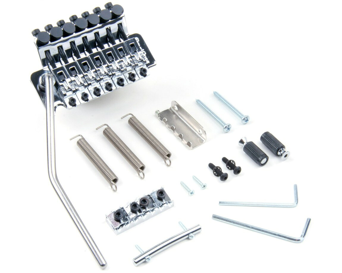 PRODUCT DETAILS Floyd Rose Original 7-String ギター用 トレモロブリッジ 7弦 クローム【商品仕様】・ ブランド：Floyd Rose・ 型番：Original 7-String・ 品目：トレモロブリッジ・ 対応弦数：7弦・ 材質：硬化スチール（55/60 Rockwell）・ 構造：特許取得済みダブルロッキングデザイン・ 製造国：ドイツ・ カラー：クローム【特徴】・ ナットとブリッジの両箇所で弦を固定するダブルロッキングシステムにより、演奏中のチューニングを安定させます。・ 硬化スチール（55/60 Rockwell）を使用し、精密な仕様に基づいて製造されています。・ ナイフエッジデザインの採用により、動作時の摩擦を最小限に抑えています。・ 大幅なピッチ変化を伴うアーミング操作においても、正確なチューニングの維持を可能にします。【ご注意】・ 取り付けには加工・配線作業が必要な場合があります。お手持ちの楽器との適合（弦数・サイズ・取付穴位置）をご確認のうえご注文ください。・ アクティブタイプのピックアップは9V電池が必要です（電池は付属しない場合があります）。 ■ 商品について 海外輸入品（説明書は英語表記の場合あり） ■ ご注意 ・掲載画像は実物に近い色味になるよう調整しておりますが、ご利用の環境により差異が生じる場合があります。・複数店舗で在庫を共有しているため、ご注文後に在庫切れとなる場合がございます。 ■ 納期について お届けの目安を必ずご確認ください。 海外正規ルート仕入れ品 海外ブランド ▼ 海外正規ブランド店 正規代理店 ▼ 当 店 ※本商品は並行輸入品です 製造元は正規品と同一のブランド・メーカーです。当店では海外正規ルートより仕入れた商品を取り扱っております。流通ルートが異なるのみで、商品自体に違いはございません。 ── 当店の商品について ── 正規品のみ取り扱い 海外正規店・正規代理店から商品を直接仕入れ、国内に輸入して販売しております。 日本未入荷・海外限定モデルも多数 日本未入荷・海外限定モデルも多数取り扱っております。サイズ・カラー違いや海外限定で販売された製品など、日本では手に入りにくいアイテムをお届けいたします。 お求めやすい価格の理由 海外市場での価格差や流通ルートの違いにより、国内販売価格よりお求めやすくなっております。品質はそのままに、よりお手頃な価格でお届けいたします。 安心保証 ご使用前に万が一、製品に不具合がございました場合は、交換または商品代金のご返金にて対応させていただきます。商品到着後5日以内にご連絡ください。 ご注意 海外からの輸入品となります。海外輸送のため、外箱に軽微なスレ等がある場合がございますが、商品本体には影響ございません。 ※在庫状況は仕入先の在庫情報をもとに出来る限り正確に表示しておりますが、取寄せ商品のため、タイミングによりご注文後に欠品・キャンセルとなる場合がございます。 お探しの商品がございましたら、お気軽にご相談ください。