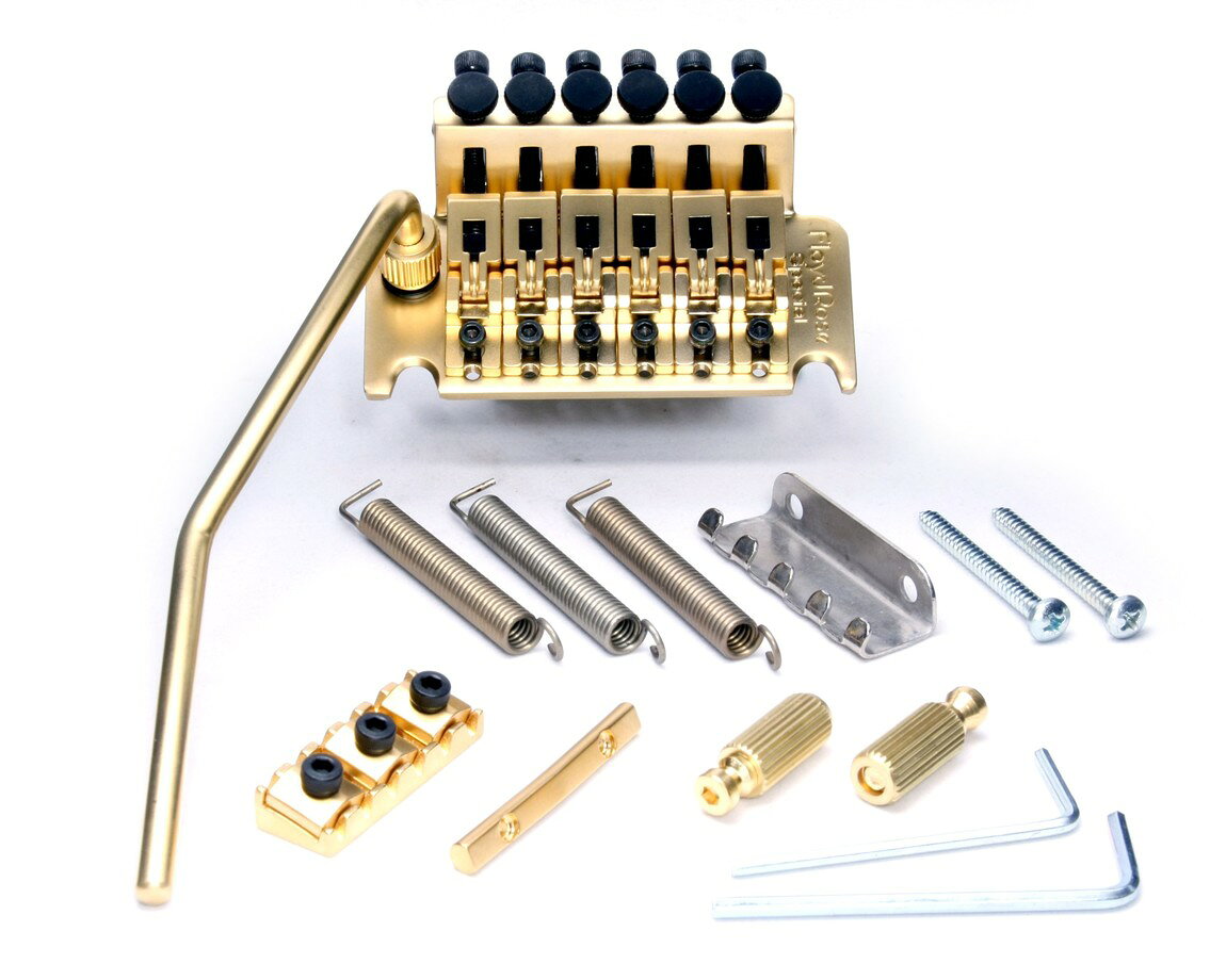 PRODUCT DETAILS Floyd Rose PC053 Special Series ギター用 トレモロ ブリッジ ダブルロッキング R3SGナット付属 サテンゴールド【商品仕様】・ ブランド：Floyd Rose・ 型番：PC053 (Special Series)・ 品目：ギター用トレモロブリッジ・ 構造：ダブルロッキング・ プレート・スクリュー・インサート：スチール・ サドル：亜鉛合金（Zinc Alloy）・ サステインブロック：亜鉛合金（Zinc Alloy）・ ロッキングナット：R3SG・ カラー：サテンゴールド・ 生産国：韓国・ 付属品：トレモロブリッジ、ロッキングナット、スプリング＆クロウ、マウンティングスタッド、取付用ハードウェア一式【特徴】・ Floyd Rose Originalの設計と機能を継承し、韓国で独占的に製造されているモデルです。・ サドルとブロックに亜鉛合金を採用し、基本性能を維持しながらコストパフォーマンスを両立しています。・ 摩擦を最小限に抑えるナイフエッジデザインにより、滑らかなアーミングを可能にします。・ 特許取得済みのダブルロッキングシステムが、過酷な演奏環境でも安定したチューニングを維持します。【ご注意】・ 取り付けには加工・配線作業が必要な場合があります。お手持ちの楽器との適合（弦数・サイズ・取付穴位置）をご確認のうえご注文ください。・ アクティブタイプのピックアップは9V電池が必要です（電池は付属しない場合があります）。 ■ 商品について 海外輸入品（説明書は英語表記の場合あり） ■ ご注意 ・掲載画像は実物に近い色味になるよう調整しておりますが、ご利用の環境により差異が生じる場合があります。・複数店舗で在庫を共有しているため、ご注文後に在庫切れとなる場合がございます。 ■ 納期について お届けの目安を必ずご確認ください。 海外正規ルート仕入れ品 海外ブランド ▼ 海外正規ブランド店 正規代理店 ▼ 当 店 ※本商品は並行輸入品です 製造元は正規品と同一のブランド・メーカーです。当店では海外正規ルートより仕入れた商品を取り扱っております。流通ルートが異なるのみで、商品自体に違いはございません。 ── 当店の商品について ── 正規品のみ取り扱い 海外正規店・正規代理店から商品を直接仕入れ、国内に輸入して販売しております。 日本未入荷・海外限定モデルも多数 日本未入荷・海外限定モデルも多数取り扱っております。サイズ・カラー違いや海外限定で販売された製品など、日本では手に入りにくいアイテムをお届けいたします。 お求めやすい価格の理由 海外市場での価格差や流通ルートの違いにより、国内販売価格よりお求めやすくなっております。品質はそのままに、よりお手頃な価格でお届けいたします。 安心保証 ご使用前に万が一、製品に不具合がございました場合は、交換または商品代金のご返金にて対応させていただきます。商品到着後5日以内にご連絡ください。 ご注意 海外からの輸入品となります。海外輸送のため、外箱に軽微なスレ等がある場合がございますが、商品本体には影響ございません。 ※在庫状況は仕入先の在庫情報をもとに出来る限り正確に表示しておりますが、取寄せ商品のため、タイミングによりご注文後に欠品・キャンセルとなる場合がございます。 お探しの商品がございましたら、お気軽にご相談ください。