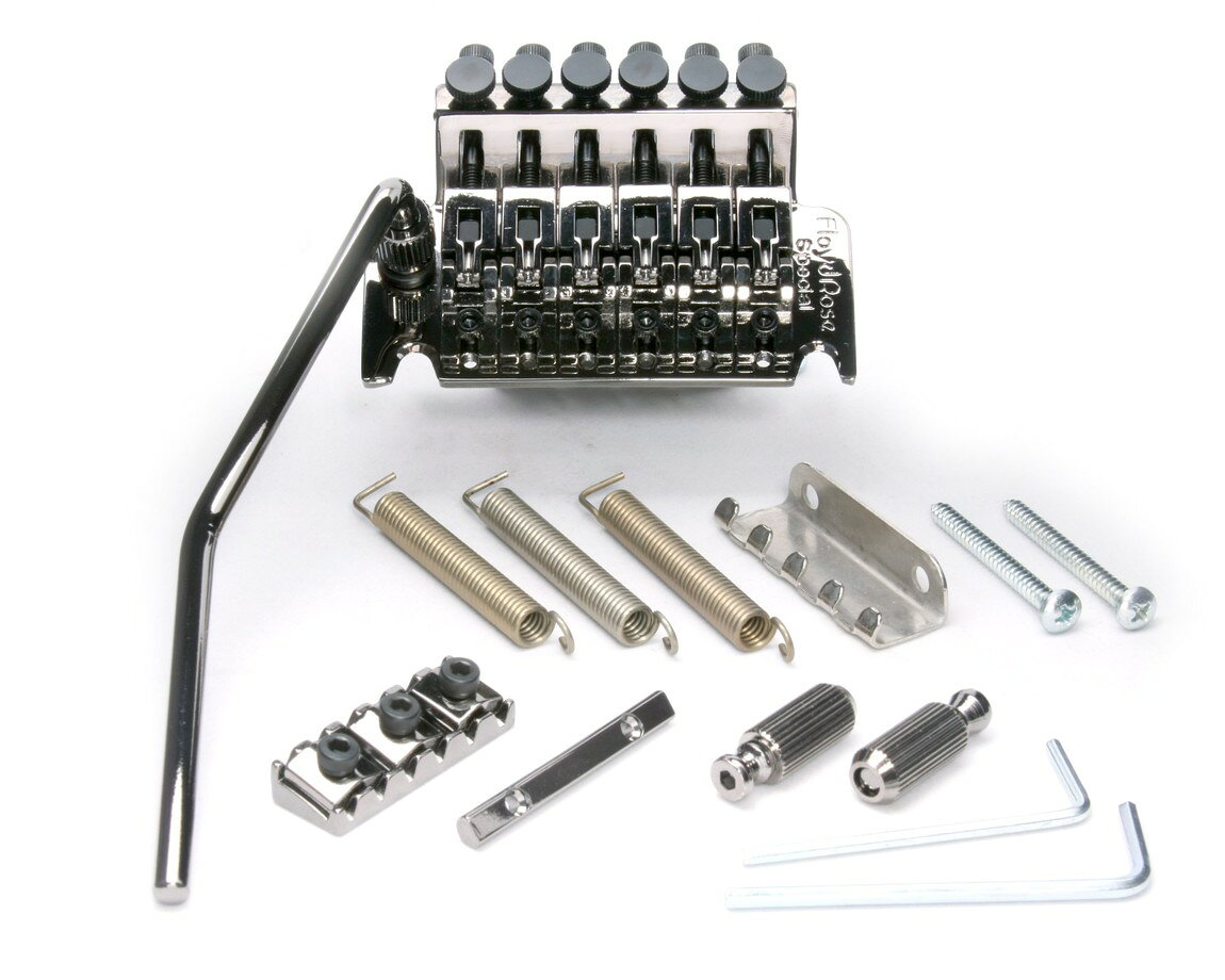 PRODUCT DETAILS Floyd Rose Special Series ギター用 トレモロ ブリッジ R2BN ナット 付属 ブラックニッケル【商品仕様】・ ブランド：Floyd Rose・ 型番：Special Series (0385-048)・ 品目：ギター用トレモロブリッジ・ 材質：ベースプレート・スクリュー・インサート（スティール）、サドル・ブロック（亜鉛合金）・ ナットサイズ：R2BN・ 製造国：韓国・ セット内容：ブリッジ、ロッキングナット、スプリング、スプリングクロウ、マウントスタッド、取付用ハードウェア一式・ カラー：ブラックニッケル【特徴】・ Floyd Rose Originalの設計と機能を継承しつつ、パーツ素材の変更によりコストパフォーマンスを高めたモデルです。・ 特許取得済みのダブルロッキング・トレモロシステムにより、安定したチューニングを維持します。・ 摩擦を最小限に抑えるナイフエッジ設計により、スムーズなアーミングが可能です。・ 韓国のFloyd Rose専用工場にて製造される、ライセンス認可済みのオーセンティックなトレモロキットです。【ご注意】・ 取り付けには加工・配線作業が必要な場合があります。お手持ちの楽器との適合（弦数・サイズ・取付穴位置）をご確認のうえご注文ください。・ アクティブタイプのピックアップは9V電池が必要です（電池は付属しない場合があります）。 ■ 商品について 海外輸入品（説明書は英語表記の場合あり） ■ ご注意 ・掲載画像は実物に近い色味になるよう調整しておりますが、ご利用の環境により差異が生じる場合があります。・複数店舗で在庫を共有しているため、ご注文後に在庫切れとなる場合がございます。 ■ 納期について お届けの目安を必ずご確認ください。 海外正規ルート仕入れ品 海外ブランド ▼ 海外正規ブランド店 正規代理店 ▼ 当 店 ※本商品は並行輸入品です 製造元は正規品と同一のブランド・メーカーです。当店では海外正規ルートより仕入れた商品を取り扱っております。流通ルートが異なるのみで、商品自体に違いはございません。 ── 当店の商品について ── 正規品のみ取り扱い 海外正規店・正規代理店から商品を直接仕入れ、国内に輸入して販売しております。 日本未入荷・海外限定モデルも多数 日本未入荷・海外限定モデルも多数取り扱っております。サイズ・カラー違いや海外限定で販売された製品など、日本では手に入りにくいアイテムをお届けいたします。 お求めやすい価格の理由 海外市場での価格差や流通ルートの違いにより、国内販売価格よりお求めやすくなっております。品質はそのままに、よりお手頃な価格でお届けいたします。 安心保証 ご使用前に万が一、製品に不具合がございました場合は、交換または商品代金のご返金にて対応させていただきます。商品到着後5日以内にご連絡ください。 ご注意 海外からの輸入品となります。海外輸送のため、外箱に軽微なスレ等がある場合がございますが、商品本体には影響ございません。 ※在庫状況は仕入先の在庫情報をもとに出来る限り正確に表示しておりますが、取寄せ商品のため、タイミングによりご注文後に欠品・キャンセルとなる場合がございます。 お探しの商品がございましたら、お気軽にご相談ください。