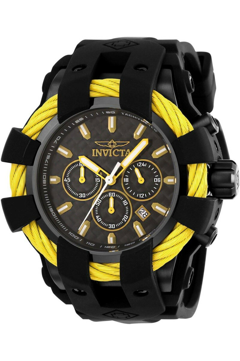 商品説明 【商品特徴】Invicta Boltは、鋭い姿勢と能力を備えた時計です。完璧に同期された動き、複雑なケース構造、ベゼル周りに固定された特徴的なロープジュエリーデザインが印象的です。素材や仕上げのバリエーションにより、あらゆる好みに合わせたオプションを提供します。Invicta Boltは、パワーが調和した動きとなる、妥協のない優れた時計製造の表現です。【主な機能】・クロノグラフ（60分、24時間、60秒のサブダイヤル付き）・日付表示・ブラックテクスチャーダイヤル・ブラックトーンベゼル上のイエローロープアクセント・ブラックラバーバンド・スクリューダウンクラウン【スペック】・48mmステンレススチールケース・ミネラルクリスタル・クォーツムーブメント・ケース直径：48mm・防水性能：200m（660フィート）- プロフェッショナルマリンアクティビティや本格的な水上スポーツに適していますが、ダイビングには適していません【ご注意事項】・並行輸入品のため、説明書が英語表記の場合があります ご注意 商品イメージは極力商品本来の色が出るよう注意していますが、 ご覧になる環境（ディスプレイ機器、画面解像度） などにより、 若干の違いが出ることがあります。在庫管理に関しましては細心の注意を払っておりますが、他サイトとの併売の為、在庫切れの場合がございます。万が一売り切れの場合はメールご連絡させていただきます。 お届けの目安を必ずご確認ください。