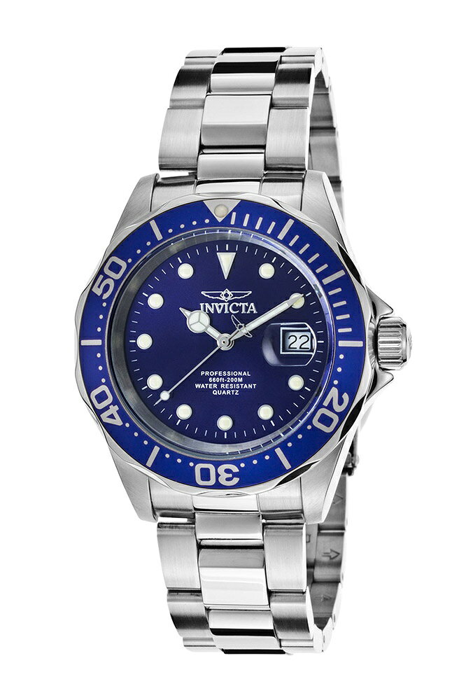商品説明 インビクタ プロダイバー メンズ 腕時計 ブルー 文字盤 ステンレスベルト 200m防水 デイト表示 クォーツ【商品仕様】・ ブランド：Invicta・ 性別：メンズ・ ケース径：40mm・ ケース素材：ステンレススチール・ 文字盤カラー：ブルー・ 文字盤素材：メタル・ 風防：ミネラルガラス・ ベルト素材：ステンレススチール・ ベルト長：205mm・ ベルト幅：20mm・ ムーブメント：クォーツ（スイス製パーツ採用）・ 防水性能：200m・ カレンダー機能：日付表示・ その他機能：逆回転防止ベゼル、蓄光インデックス【特徴】・ スイス製の高品質なムーブメントを搭載し、精度の高い時刻表示を実現しています。・ 200mの防水性能を備えており、マリンスポーツや本格的なダイビングシーンにも対応可能です。・ 耐久性に優れたステンレススチール製のケースとベルトを採用し、長期間の使用に適しています。・ 蓄光機能を備えたインデックスと指針により、夜間や水中などの暗所でも視認性を確保します。・ 逆回転防止ベゼルやセーフティ付きの留め具など、ダイバーズウォッチとしての機能性を追求しています。 商品について 本製品は海外からの輸入品です。取扱説明書が付属する場合は英語表記となり、日本語説明書は付属しておりません。 ご注意 商品イメージは極力商品本来の色が出るよう注意していますが、 ご覧になる環境（ディスプレイ機器、画面解像度） などにより、 若干の違いが出ることがあります。在庫管理に関しましては細心の注意を払っておりますが、他サイトとの併売の為、在庫切れの場合がございます。万が一売り切れの場合はメールご連絡させていただきます。 納期について お届けの目安を必ずご確認ください。