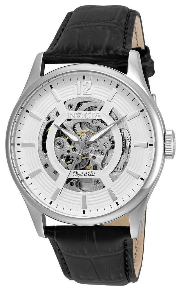 商品説明 Invicta Objet D Art メンズ 腕時計 自動巻き スケルトンダイヤル レザーバンド ブラック 50m防水【商品仕様】・ ケース素材：ステンレススチール・ ケース径：44mm・ バンド素材：レザー・ バンド幅：24mm・ バンド長さ：210mm・ 風防：フレイムフュージョンクリスタル・ ムーブメント：自動巻き・ 文字盤カラー：ホワイト（スケルトン）・ 防水性能：50m・ 発光素材：Tritnite【特徴】・ 内部の精巧な動きを視覚的に楽しむことができるスケルトンダイヤルを採用しています・ 耐久性に優れたフレイムフュージョンクリスタルを風防に使用しています・ クラシックで洗練されたデザインにブラックのレザーバンドを組み合わせています・ 50mの防水性能を備えており日常的な使用に適した設計となっています 商品について 本製品は海外からの輸入品です。取扱説明書が付属する場合は英語表記となり、日本語説明書は付属しておりません。 ご注意 商品イメージは極力商品本来の色が出るよう注意していますが、 ご覧になる環境（ディスプレイ機器、画面解像度） などにより、 若干の違いが出ることがあります。在庫管理に関しましては細心の注意を払っておりますが、他サイトとの併売の為、在庫切れの場合がございます。万が一売り切れの場合はメールご連絡させていただきます。 納期について お届けの目安を必ずご確認ください。