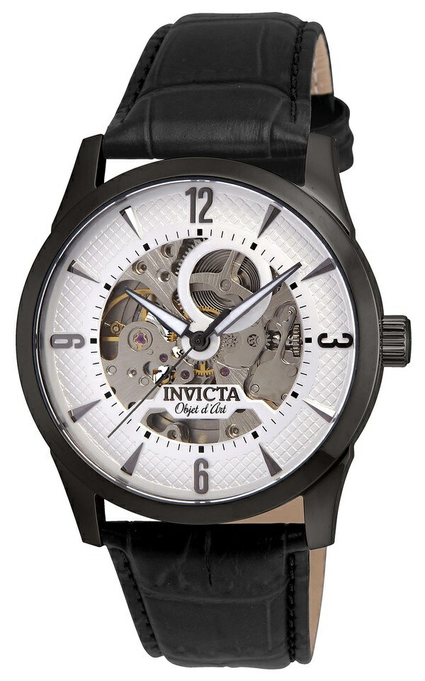 Invictaインビクタ オブジェ・ダール メンズ 腕時計 自動巻き スケルトンダイヤル ガンメタルケース レザーバンド 5気圧防水 ホワイト文字盤