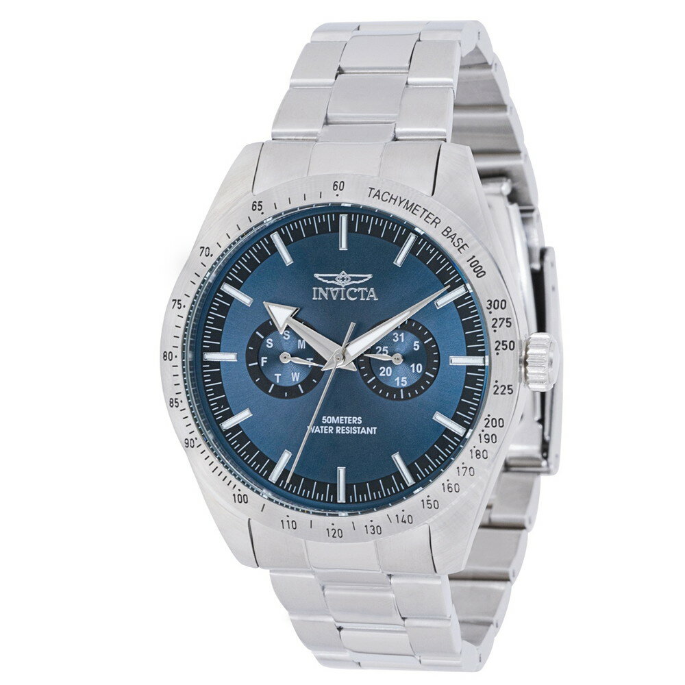 Invictaインビクタ スペシャリティ メンズ 腕時計 クォーツ アナログ ブルー文字盤 ステンレスベルト 日常生活防水 デイデイト タキメーター 44mm