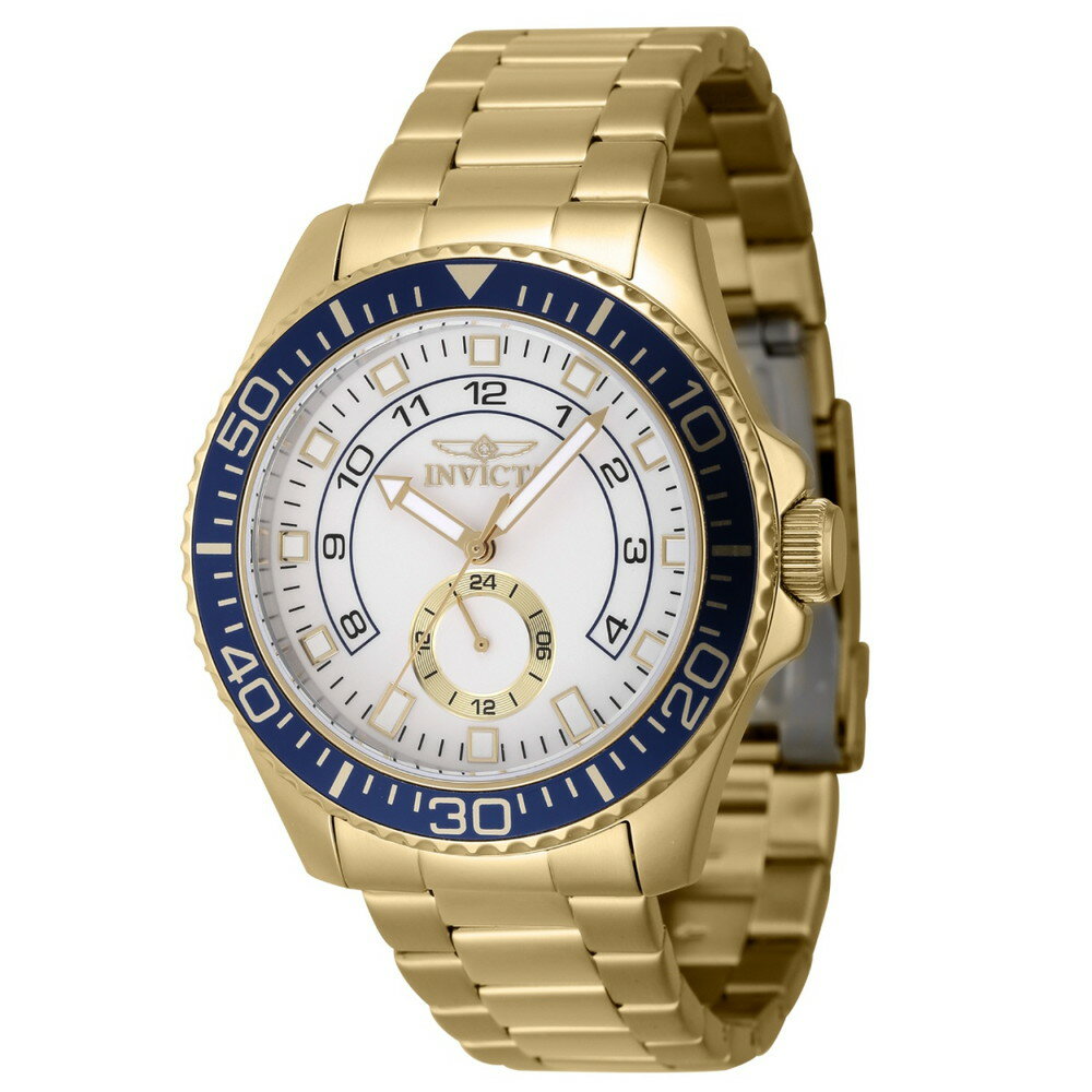 商品説明 Invicta Pro Diver Command メンズ 腕時計 ゴールド 44mm ケース ステンレスベルト ホワイト 文字盤 クォーツ 50m防水【商品仕様】・ ケースカラー：ゴールド・ ケース素材：ステンレススチール・ ケース径：44mm・ 文字盤カラー：ホワイト・ 文字盤素材：真鍮・ ベルトカラー：ゴールド・ ベルト素材：ステンレススチール・ ベルト幅：22mm・ ベルト長：186mm・ 風防：フレイムフュージョンクリスタル・ ムーブメント：クォーツ（日本製パーツ採用）・ 防水性能：50m・ 留め具：安全ロック付きフォールドオーバー・ 夜光素材：ニューライト【特徴】・ ゴールドカラーのケースとベルトにホワイトの文字盤を組み合わせた、クラシックで視認性の高いデザインです。・ 強固なフレイムフュージョンクリスタルを風防に採用し、日常の衝撃から時計を保護します。・ 日本製のクォーツムーブメントを搭載し、正確な時刻刻みを可能にしています。・ 50m防水機能を備えており、日常生活での水濡れや短時間の水仕事にも対応します。・ 針とインデックスに夜光塗料を施しており、暗所での視認性を確保しています。 商品について 本製品は海外からの輸入品です。取扱説明書が付属する場合は英語表記となり、日本語説明書は付属しておりません。 ご注意 商品イメージは極力商品本来の色が出るよう注意していますが、 ご覧になる環境（ディスプレイ機器、画面解像度） などにより、 若干の違いが出ることがあります。在庫管理に関しましては細心の注意を払っておりますが、他サイトとの併売の為、在庫切れの場合がございます。万が一売り切れの場合はメールご連絡させていただきます。 納期について お届けの目安を必ずご確認ください。