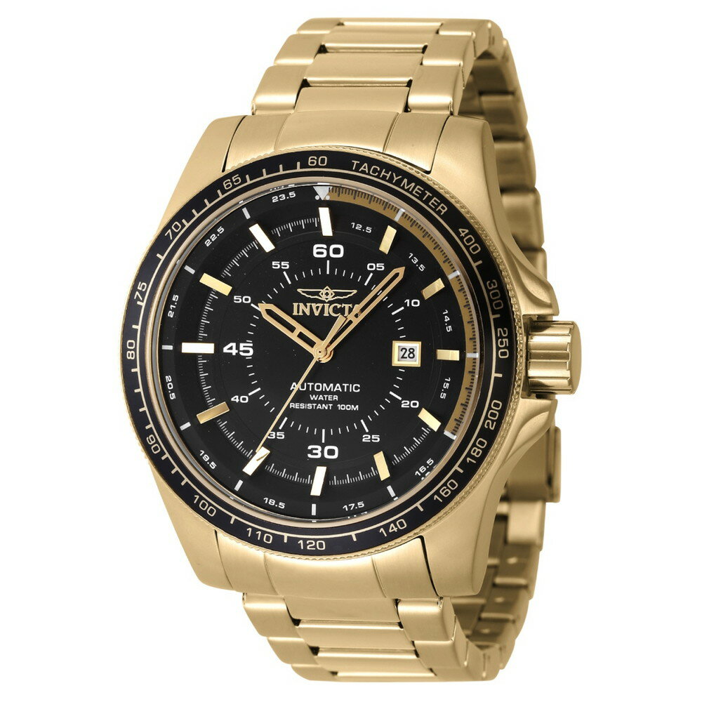 商品説明 インビクタ スピードウェイ メンズ 腕時計 自動巻き ゴールド ブラック ステンレス 100m防水 アナログ【商品仕様】・ ムーブメント：自動巻き（日本製）・ ケース素材：ステンレススチール・ ケース径：50mm・ ベルト素材：ステンレススチール・ ベルト幅：26mm・ ベルト腕周り：210mm・ 文字盤カラー：ブラック・ 風防：ミネラルガラス・ 防水性能：100m・ カレンダー：日付表示【特徴】・ 50mmのゴールドケースが圧倒的な存在感を放つスピードウェイコレクションの腕時計です。・ 内部には21石の日本製自動巻きムーブメントを搭載し、高い精度と信頼性を備えています。・ 文字盤にはブラックの真鍮素材を採用し、ルミナス素材（蓄光）により夜間や暗所での視認性も確保しています。・ 100mの防水性能を備えており、日常使いからアクティブなシーンまで対応可能です。 商品について 本製品は海外からの輸入品です。取扱説明書が付属する場合は英語表記となり、日本語説明書は付属しておりません。 ご注意 商品イメージは極力商品本来の色が出るよう注意していますが、 ご覧になる環境（ディスプレイ機器、画面解像度） などにより、 若干の違いが出ることがあります。在庫管理に関しましては細心の注意を払っておりますが、他サイトとの併売の為、在庫切れの場合がございます。万が一売り切れの場合はメールご連絡させていただきます。 納期について お届けの目安を必ずご確認ください。