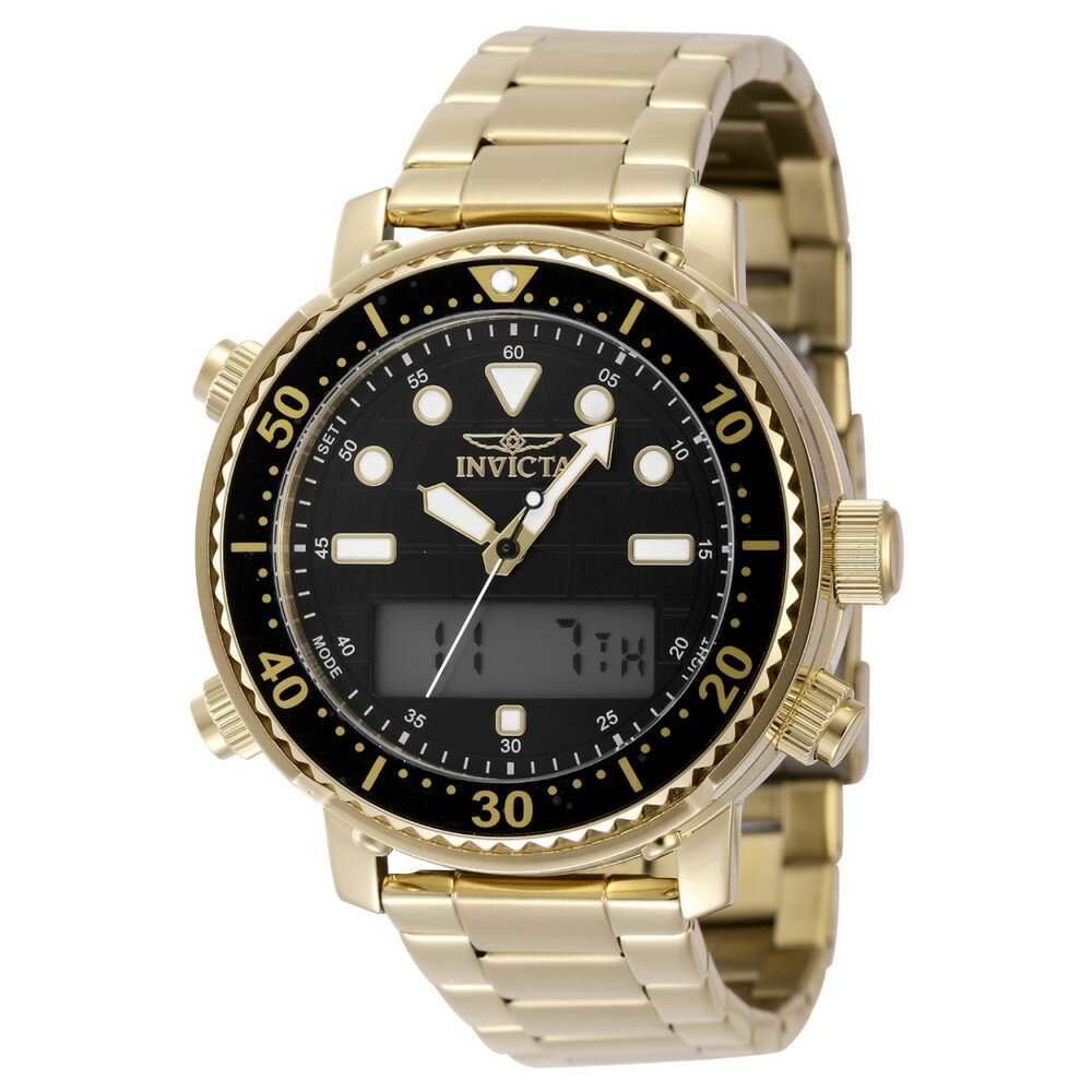 商品説明 インビクタ プロダイバー デジクォーツ メンズ 腕時計 デジタル表示 ゴールド ステンレスベルト クロノグラフ 50m防水 ブラック文字盤【商品仕様】・ ケースサイズ：46.5mm・ ケースカラー：ゴールド・ 文字盤カラー：ブラック・ 文字盤素材：真鍮・ ベルトカラー：ゴールドトーン・ ベルト素材：ステンレススチール・ 風防：ミネラルクリスタル・ 防水性能：50m・ ムーブメント：デジタル・ ベルト幅：22mm・ ベルト腕周り：186mm・ クラスプ：安全装置付き折りたたみ式・ 機能：クロノグラフ、蓄光（ホワイト）【特徴】・ プロダイバーコレクションの洗練されたデザインに、正確なデジタルムーブメントを搭載したモデルです。・ ゴールドカラーのケースとベルトに、コントラストの効いたブラックの文字盤を組み合わせています。・ 耐久性に優れたミネラルクリスタル風防と、堅牢なステンレススチール製ベルトを採用しています。・ 50mの防水性能を備え、日常のさまざまなシーンで実用性を発揮します。・ 視認性の高いデジタル表示に加え、ストップウォッチとして活用できるクロノグラフ機能を備えています。 商品について 本製品は海外からの輸入品です。取扱説明書が付属する場合は英語表記となり、日本語説明書は付属しておりません。 ご注意 商品イメージは極力商品本来の色が出るよう注意していますが、 ご覧になる環境（ディスプレイ機器、画面解像度） などにより、 若干の違いが出ることがあります。在庫管理に関しましては細心の注意を払っておりますが、他サイトとの併売の為、在庫切れの場合がございます。万が一売り切れの場合はメールご連絡させていただきます。 納期について お届けの目安を必ずご確認ください。