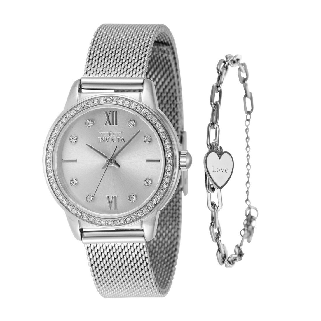 商品説明 インビクタ Invicta エンジェル Angel レディース 腕時計 30mmケース ステンレス シルバー ブレスレットセット クォーツ ギフト【商品仕様】ケースサイズ：30mmケース素材：ステンレススチールベルト素材：ステンレススチール文字盤カラー：シルバー風防：ミネラルガラスムーブメント：クォーツ（日本製）防水性：30mベルト幅：14mmベルト長：192mm留め具：バックル式【特徴】InvictaのAngelコレクションは、エレガンスとスタイルを完璧なバランスで調和させた、女性向けの腕時計です。シルバーの文字盤に耐久性に優れたミネラルクリスタル風防を採用。洗練されたシルバーのステンレスステンレスステンレススチール製ブレスレットが、手元を華やかに彩ります。日常のあらゆるシーンや装いに対応する多様性を持ち、女性の美しさを引き立てるデザインが魅力です。正確なクォーツムーブメントを搭載し、30mの防水性能を備えています。 商品について 本製品は海外からの輸入品です。取扱説明書が付属する場合は英語表記となり、日本語説明書は付属しておりません。 ご注意 商品イメージは極力商品本来の色が出るよう注意していますが、 ご覧になる環境（ディスプレイ機器、画面解像度） などにより、 若干の違いが出ることがあります。在庫管理に関しましては細心の注意を払っておりますが、他サイトとの併売の為、在庫切れの場合がございます。万が一売り切れの場合はメールご連絡させていただきます。 納期について お届けの目安を必ずご確認ください。