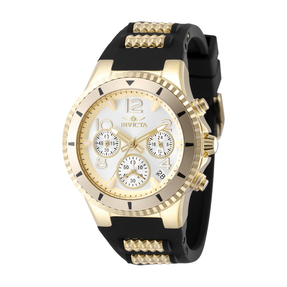 商品説明 Invicta BLU 男女兼用 腕時計【商品仕様】ムーブメント：クォーツケースサイズ：39mmケースカラー：ゴールドケース素材：ステンレススチール文字盤カラー：シルバー文字盤素材：メタル風防：フレイムフュージョンクリスタルバンド素材：シリコン、ステンレススチールバンドカラー：ブラック、ゴールドバンドの長さ：208mmバンド幅：22mm防水性能：100m機能：クロノグラフ（60秒計）、日付カレンダー、蓄光【特徴】洗練されたラインと鮮やかなアクセントカラーが特徴のコレクションです。革新的なデザインと確かな技術を融合させ、ファッション性と機能性を両立したスタイルを提案しています。ゴールドのケースにシルバーの文字盤、そして耐久性に優れたブラックのシリコンバンドを組み合わせたデザインは、日常の装いに華やかさを加えます。100mの防水性能を備え、実用的なクロノグラフ機能も搭載した多機能な腕時計です。※画像と実物では色味が若干異なる場合がございます。 商品について 本製品は海外からの輸入品です。取扱説明書が付属する場合は英語表記となり、日本語説明書は付属しておりません。 ご注意 商品イメージは極力商品本来の色が出るよう注意していますが、 ご覧になる環境（ディスプレイ機器、画面解像度） などにより、 若干の違いが出ることがあります。在庫管理に関しましては細心の注意を払っておりますが、他サイトとの併売の為、在庫切れの場合がございます。万が一売り切れの場合はメールご連絡させていただきます。 納期について お届けの目安を必ずご確認ください。