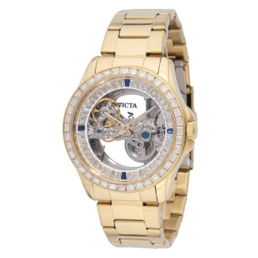 商品説明 インビクタ Invicta オブジェ・ダール Objet D Art メンズ 腕時計 自動巻き スケルトン ゴールド ステンレス 43mm【商品仕様】・ ムーブメント：自動巻き・ ケース素材：ステンレススチール・ ケース径：43mm・ バンド素材：ステンレススチール・ バンド幅：22mm・ バンド長：220mm・ 風防：フレームフュージョンクリスタル・ 防水性：30m・ 文字盤カラー：ホワイト（スケルトン）・ バックル：バタフライ式・ 夜光：あり（グリーン）【特徴】・ 内部機構の精緻な動きを視認できるスケルトンダイヤルを採用しています。・ ケースとバンドをゴールドカラーで統一したクラシックなデザインが特徴です。・ 耐久性に優れたフレームフュージョンクリスタルを風防に使用しています。・ 1837年から続く伝統的な時計作りの技術を反映した自動巻きモデルです。 商品について 本製品は海外からの輸入品です。取扱説明書が付属する場合は英語表記となり、日本語説明書は付属しておりません。 ご注意 商品イメージは極力商品本来の色が出るよう注意していますが、 ご覧になる環境（ディスプレイ機器、画面解像度） などにより、 若干の違いが出ることがあります。在庫管理に関しましては細心の注意を払っておりますが、他サイトとの併売の為、在庫切れの場合がございます。万が一売り切れの場合はメールご連絡させていただきます。 納期について お届けの目安を必ずご確認ください。