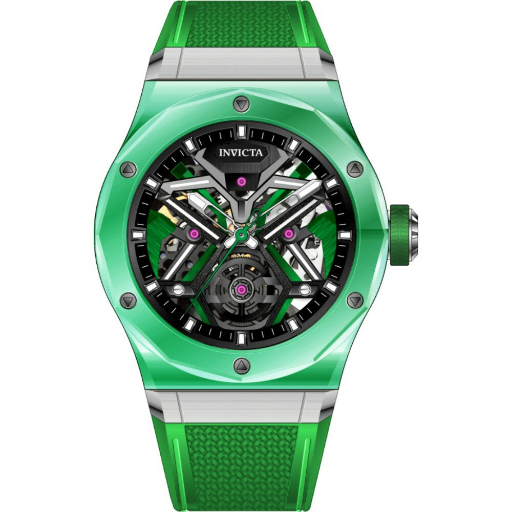 商品説明 インビクタ Celestial メンズ 腕時計 機械式 スケルトン文字盤 グリーン サファイアガラス ラバーベルト【商品仕様】・ ブランド：Invicta・ ムーブメント：機械式・ ケースサイズ：45mm・ ケース素材：K9ガラス・ ケースカラー：グリーン・ 文字盤カラー：スチール・ 風防：サファイアクリスタル・ ベルト素材：ラバー・ ベルトカラー：グリーン・ ベルト幅：27mm・ ベルト長：200mm・ 防水性能：50m・ リューズ：ねじ込み式・ 夜光：ブルー（Luminous Color）【特徴】・ 内部のメカニカルな構造を視覚的に楽しめるフルスケルトンの文字盤を採用しています。・ ケースとベルトを鮮やかなグリーンで統一した、ファッション性の高いデザインです。・ 風防には耐傷性に優れたサファイアクリスタルを採用し、クリアな視認性を維持します。・ 24石のムーブメントを搭載し、機械式時計ならではの精緻な動きを堪能できます。・ 50mの防水性能を備え、日常の生活防水に対応した実用性を持ち合わせています。 商品について 本製品は海外からの輸入品です。取扱説明書が付属する場合は英語表記となり、日本語説明書は付属しておりません。 ご注意 商品イメージは極力商品本来の色が出るよう注意していますが、 ご覧になる環境（ディスプレイ機器、画面解像度） などにより、 若干の違いが出ることがあります。在庫管理に関しましては細心の注意を払っておりますが、他サイトとの併売の為、在庫切れの場合がございます。万が一売り切れの場合はメールご連絡させていただきます。 納期について お届けの目安を必ずご確認ください。