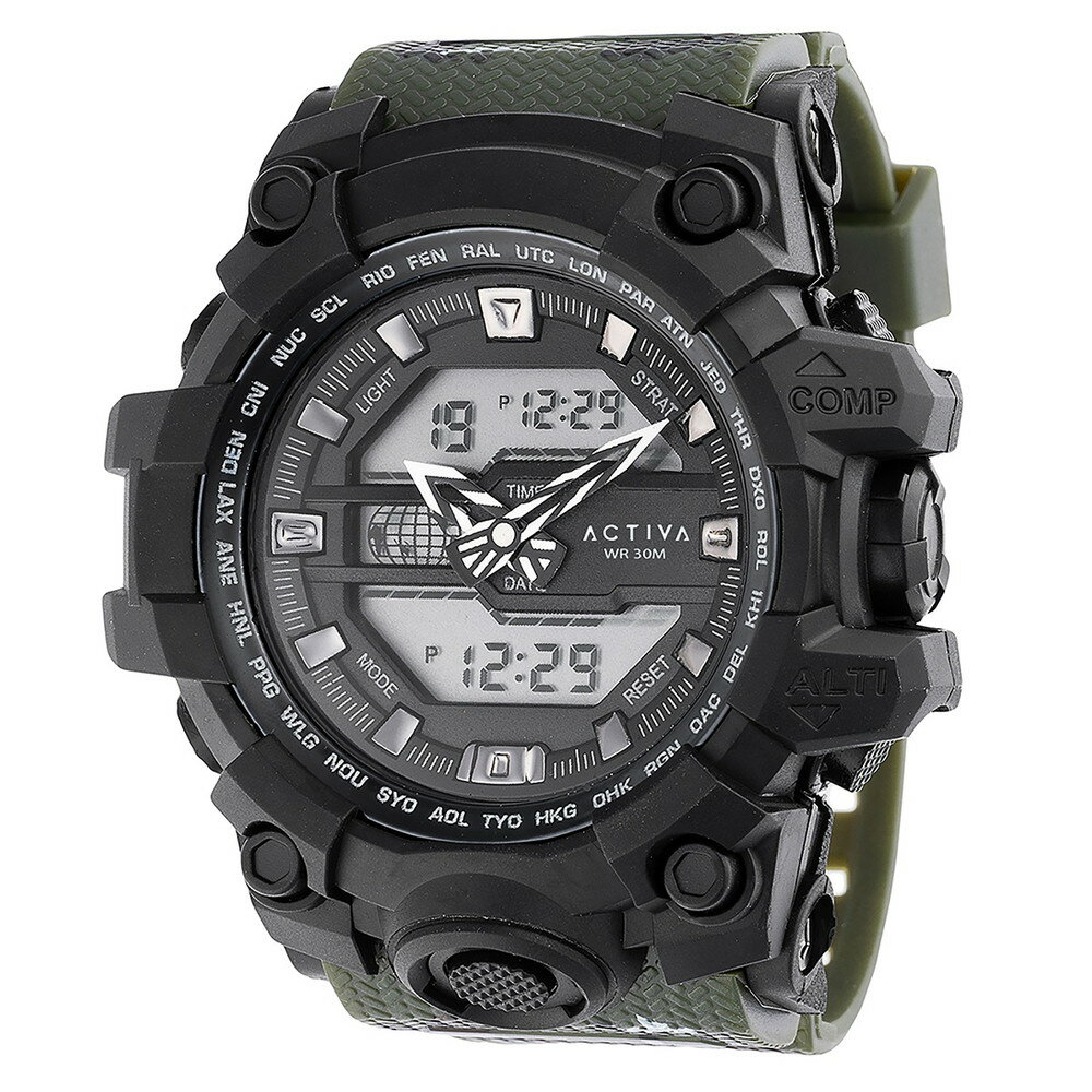 商品説明 Activa Neo X Invicta メンズ 腕時計 デジタル ウォッチ 30m防水 耐衝撃 スポーツウォッチ ブラック グリーン【商品仕様】・ カテゴリ：メンズ腕時計・ ムーブメント：デジタル（電子式）・ ケースカラー：ブラック・ バンドカラー：グリーン・ ケースサイズ：55mm・ バンド幅：21mm・ バンド長：220mm・ 防水性能：30m・ 機能：デュアルタイム、ストップウォッチ（1/1秒）、アラーム、LEDバックライト【特徴】・ ActivaとInvictaのコラボレーションによる、耐久性と機能性を備えたスポーツウォッチ。・ 衝撃に強い耐衝撃構造を採用し、アクティブなシーンでの使用に適した設計。・ 視認性の高いLEDバックライトやデュアルタイム、ストップウォッチなどの実用的な機能を搭載。・ 55mmの大型ケースにブラックとグリーンのカラーリングを組み合わせた存在感のあるデザイン。 商品について 本製品は海外からの輸入品です。取扱説明書が付属する場合は英語表記となり、日本語説明書は付属しておりません。 ご注意 商品イメージは極力商品本来の色が出るよう注意していますが、 ご覧になる環境（ディスプレイ機器、画面解像度） などにより、 若干の違いが出ることがあります。在庫管理に関しましては細心の注意を払っておりますが、他サイトとの併売の為、在庫切れの場合がございます。万が一売り切れの場合はメールご連絡させていただきます。 納期について お届けの目安を必ずご確認ください。