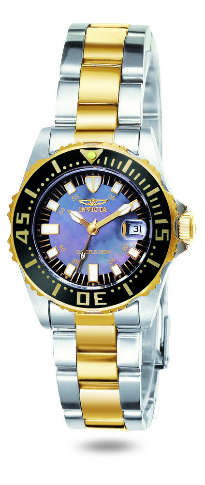 Invictaインビクタ Pro Diver レディース 腕時計 クォーツ 30mmケース マザーオブパール ブラック文字盤 100m防水 ステンレス ゴールド シルバー コンビ
