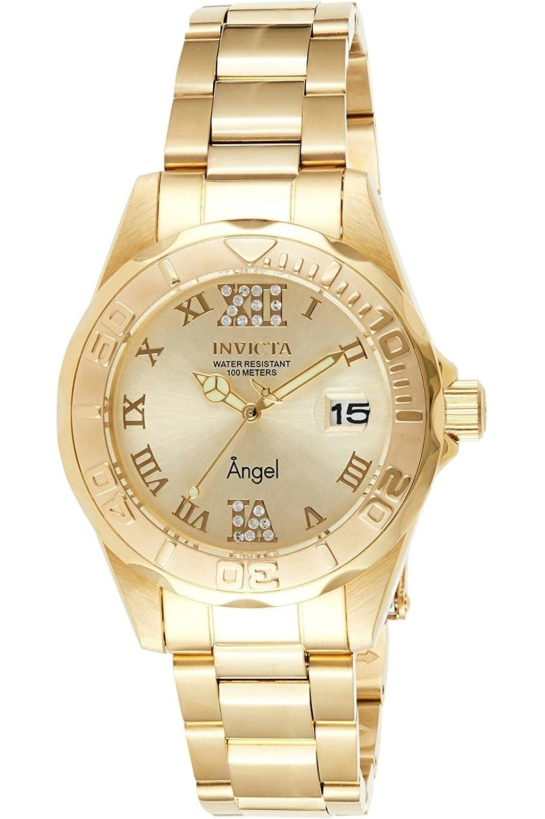 PRODUCT DETAILS インビクタ Angel レディース ゴールド文字盤 クリスタル 100m防水 ステンレス ゴールド 38mm【商品仕様】・ ムーブメント：クォーツ（日本製 PC32A）・ ケース径：38mm・ ケース厚：12mm・ ケース素材：ステンレススチール（ゴールドトーン）・ 文字盤色：ゴールド（20個のクリスタル装飾付き）・ バンド素材：ステンレススチール（ゴールドトーン）・ バンド幅：18mm・ 防水：100m（10気圧）・ 風防：ミネラルガラス・ 重量：124g【特徴】・ 文字盤に20個のクリスタルアクセントを配置したデザインが特徴です。・ ケース、バンド、ベゼルをゴールドカラーで統一したステンレススチールモデルです。・ 100mの防水性能を備えており、水泳やスノーケリングなどのウォータースポーツに対応します。・ 逆回転防止ベゼルと、暗所での視認性をサポートする蓄光針を採用しています。・ リンクの追加または取り外しによって長さを調整できる安全クラスプ付きのバンドです。 ■ 商品について 海外輸入品（説明書は英語表記の場合あり） ■ ご注意 ・掲載画像は実物に近い色味になるよう調整しておりますが、ご利用の環境により差異が生じる場合があります。・複数店舗で在庫を共有しているため、ご注文後に在庫切れとなる場合がございます。 ■ 納期について お届けの目安を必ずご確認ください。 海外正規ルート仕入れ品 海外ブランド ▼ 海外正規ブランド店 正規代理店 ▼ 当 店 ※本商品は並行輸入品です 製造元は正規品と同一のブランド・メーカーです。当店では海外正規ルートより仕入れた商品を取り扱っております。流通ルートが異なるのみで、商品自体に違いはございません。 ── 当店の商品について ── 正規品のみ取り扱い 海外正規店・正規代理店から商品を直接仕入れ、国内に輸入して販売しております。 日本未入荷・海外限定モデルも多数 日本未入荷・海外限定モデルも多数取り扱っております。サイズ・カラー違いや海外限定で販売された製品など、日本では手に入りにくいアイテムをお届けいたします。 お求めやすい価格の理由 海外市場での価格差や流通ルートの違いにより、国内販売価格よりお求めやすくなっております。品質はそのままに、よりお手頃な価格でお届けいたします。 安心保証 ご使用前に万が一、製品に不具合がございました場合は、交換または商品代金のご返金にて対応させていただきます。商品到着後5日以内にご連絡ください。 ご注意 海外からの輸入品となります。海外輸送のため、外箱に軽微なスレ等がある場合がございますが、商品本体には影響ございません。 ※在庫状況は仕入先の在庫情報をもとに出来る限り正確に表示しておりますが、取寄せ商品のため、タイミングによりご注文後に欠品・キャンセルとなる場合がございます。 お探しの商品がございましたら、お気軽にご相談ください。