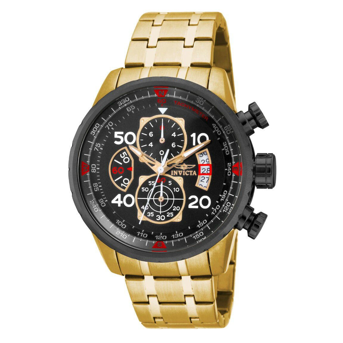 Invicta Aviator 腕時計 48mm ゴールドケース ブラック文字盤 ステンレスバンド メンズ 17206