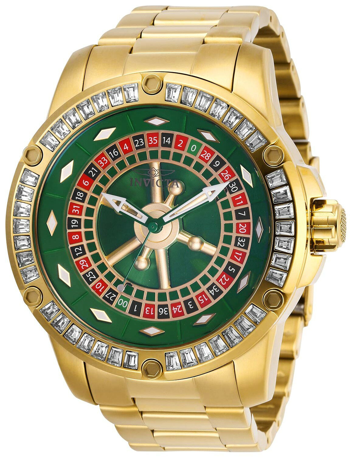 PRODUCT DETAILS インビクタ Specialty メンズ 腕時計 自動巻 52mm ゴールド ステンレス グリーン文字盤 クリスタルベゼル【商品仕様】・ ムーブメント：自動巻・ ケース径：52mm・ ケース素材：ステンレススチール・ 文字盤色：グリーン・ バンド素材：ステンレススチール・ バンドカラー：ゴールド・ 防水性能：100m・ 風防：フレイムフュージョンクリスタル・ その他：クリスタル装飾ベゼル【特徴】・ 独創的なデザインと革新性を追求したInvictaのSpecialtyコレクションです。・ 52mmの大型ステンレスケースにクリスタルを配したベゼルが特徴的なモデルです。・ 自動巻ムーブメントを採用しており、電池不要で日常的にご使用いただけます。・ 華やかなゴールドのバンドと、深みのあるグリーンの文字盤がコントラストを演出します。・ 風防には耐久性に優れたフレイムフュージョンクリスタルを採用しています。 ■ 商品について 海外輸入品（説明書は英語表記の場合あり） ■ ご注意 ・掲載画像は実物に近い色味になるよう調整しておりますが、ご利用の環境により差異が生じる場合があります。・複数店舗で在庫を共有しているため、ご注文後に在庫切れとなる場合がございます。 ■ 納期について お届けの目安を必ずご確認ください。 海外正規ルート仕入れ品 海外ブランド ▼ 海外正規ブランド店 正規代理店 ▼ 当 店 ※本商品は並行輸入品です 製造元は正規品と同一のブランド・メーカーです。当店では海外正規ルートより仕入れた商品を取り扱っております。流通ルートが異なるのみで、商品自体に違いはございません。 ── 当店の商品について ── 正規品のみ取り扱い 海外正規店・正規代理店から商品を直接仕入れ、国内に輸入して販売しております。 日本未入荷・海外限定モデルも多数 日本未入荷・海外限定モデルも多数取り扱っております。サイズ・カラー違いや海外限定で販売された製品など、日本では手に入りにくいアイテムをお届けいたします。 お求めやすい価格の理由 海外市場での価格差や流通ルートの違いにより、国内販売価格よりお求めやすくなっております。品質はそのままに、よりお手頃な価格でお届けいたします。 安心保証 ご使用前に万が一、製品に不具合がございました場合は、交換または商品代金のご返金にて対応させていただきます。商品到着後5日以内にご連絡ください。 ご注意 海外からの輸入品となります。海外輸送のため、外箱に軽微なスレ等がある場合がございますが、商品本体には影響ございません。 ※在庫状況は仕入先の在庫情報をもとに出来る限り正確に表示しておりますが、取寄せ商品のため、タイミングによりご注文後に欠品・キャンセルとなる場合がございます。 お探しの商品がございましたら、お気軽にご相談ください。