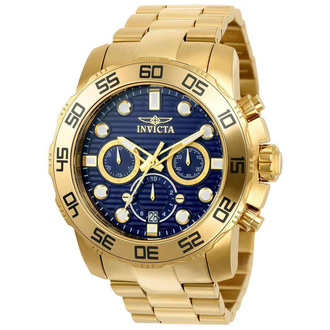 PRODUCT DETAILS Invicta Pro Diver Scuba 腕時計 50mm ゴールドケース ブルー文字盤 ステンレスバンド メンズ ZG-22228【商品仕様】・ ムーブメント：クォーツ（TMI Caliber VD53）・ ケース素材：ステンレススチール・ ケース径：50mm・ バンド素材：ステンレススチール・ バンド幅：26mm・ 文字盤色：ブルー（メタル）・ 風防：フレイムフュージョンクリスタル・ 防水性：100m・ その他機能：クロノグラフ（60秒計）、逆回転防止ベゼル、プッシュ式リューズ【特徴】・ ケースとバンドの全体にゴールドのカラーリングを施した、存在感のある50mm径の大型モデルです。・ 文字盤にはブルーのメタル素材を採用し、耐性に優れたフレイムフュージョンクリスタルで保護されています。・ 信頼性の高いTMI製のクォーツムーブメント（VD53）を搭載し、クロノグラフ機能を備えています。・ 100mの防水性能と、フォールドオーバー・セーフティバックル付きのステンレスバンドにより実用性を高めています。 ■ 商品について 海外輸入品（説明書は英語表記の場合あり） ■ ご注意 ・掲載画像は実物に近い色味になるよう調整しておりますが、ご利用の環境により差異が生じる場合があります。・複数店舗で在庫を共有しているため、ご注文後に在庫切れとなる場合がございます。 ■ 納期について お届けの目安を必ずご確認ください。 海外正規ルート仕入れ品 海外ブランド ▼ 海外正規ブランド店 正規代理店 ▼ 当 店 ※本商品は並行輸入品です 製造元は正規品と同一のブランド・メーカーです。当店では海外正規ルートより仕入れた商品を取り扱っております。流通ルートが異なるのみで、商品自体に違いはございません。 ── 当店の商品について ── 正規品のみ取り扱い 海外正規店・正規代理店から商品を直接仕入れ、国内に輸入して販売しております。 日本未入荷・海外限定モデルも多数 日本未入荷・海外限定モデルも多数取り扱っております。サイズ・カラー違いや海外限定で販売された製品など、日本では手に入りにくいアイテムをお届けいたします。 お求めやすい価格の理由 海外市場での価格差や流通ルートの違いにより、国内販売価格よりお求めやすくなっております。品質はそのままに、よりお手頃な価格でお届けいたします。 安心保証 ご使用前に万が一、製品に不具合がございました場合は、交換または商品代金のご返金にて対応させていただきます。商品到着後5日以内にご連絡ください。 ご注意 海外からの輸入品となります。海外輸送のため、外箱に軽微なスレ等がある場合がございますが、商品本体には影響ございません。 ※在庫状況は仕入先の在庫情報をもとに出来る限り正確に表示しておりますが、取寄せ商品のため、タイミングによりご注文後に欠品・キャンセルとなる場合がございます。 お探しの商品がございましたら、お気軽にご相談ください。