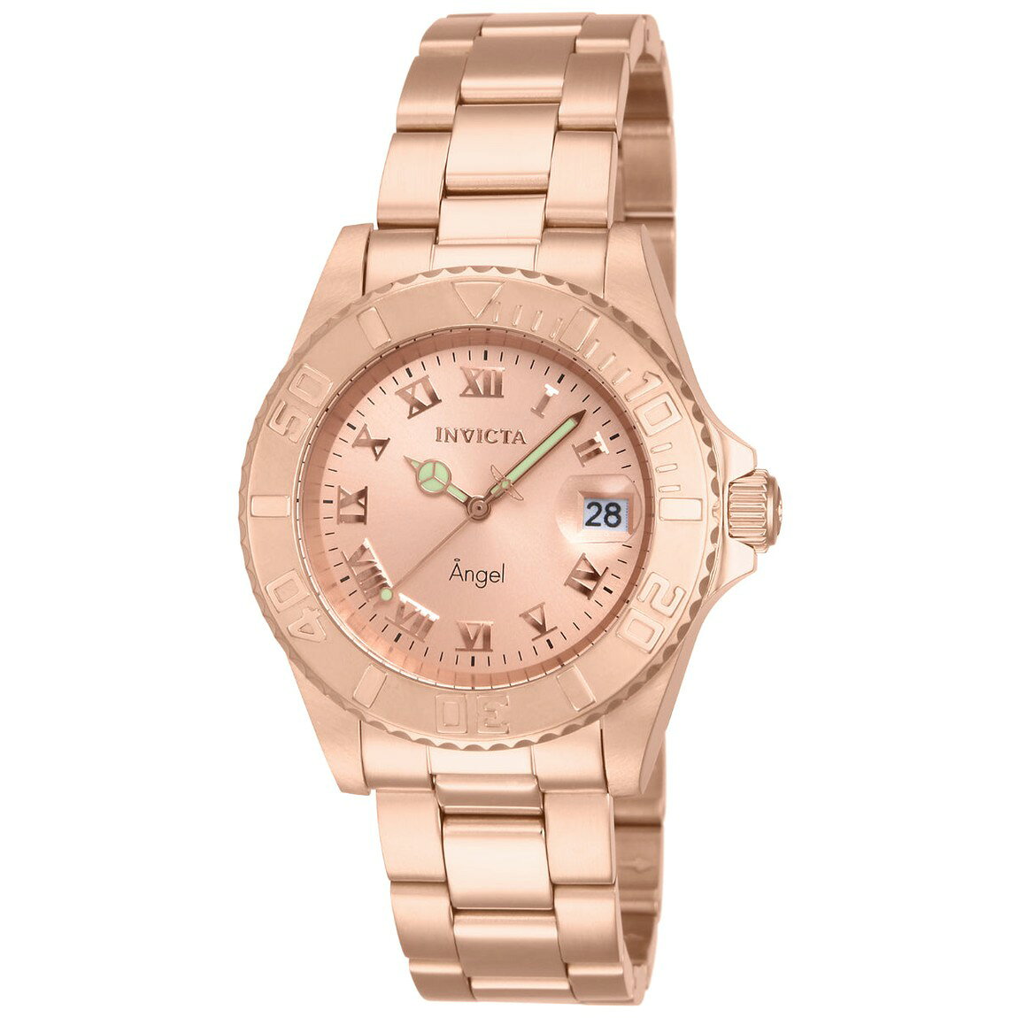 PRODUCT DETAILS Invicta Angel 腕時計 40mm ローズゴールド文字盤 ステンレススチール 200m防水 レディース 14322【商品仕様】・ ムーブメント：クオーツ（Ronda 515）・ ケース素材：ステンレススチール・ ケース径：40mm・ バンド素材：ステンレススチール・ バンド幅：20mm・ 文字盤色：ローズゴールド・ 風防：ミネラルガラス・ 防水性能：200m・ ベゼル機能：単方向回転・ リューズ：ねじ込み式【特徴】・ ケース、文字盤、バンドのすべてをローズゴールドカラーで統一したエレガントなデザインです。・ スイスのRonda社製Caliber 515クオーツムーブメントを搭載しています。・ 200mの防水性能を備え、ねじ込み式リューズと逆回転防止ベゼルを採用しています。・ 風防には耐久性のあるミネラルガラス、バンドにはダイバーバックル式のステンレススチールを使用しています。 ■ 商品について 海外輸入品（説明書は英語表記の場合あり） ■ ご注意 ・掲載画像は実物に近い色味になるよう調整しておりますが、ご利用の環境により差異が生じる場合があります。・複数店舗で在庫を共有しているため、ご注文後に在庫切れとなる場合がございます。 ■ 納期について お届けの目安を必ずご確認ください。 海外正規ルート仕入れ品 海外ブランド ▼ 海外正規ブランド店 正規代理店 ▼ 当 店 ※本商品は並行輸入品です 製造元は正規品と同一のブランド・メーカーです。当店では海外正規ルートより仕入れた商品を取り扱っております。流通ルートが異なるのみで、商品自体に違いはございません。 ── 当店の商品について ── 正規品のみ取り扱い 海外正規店・正規代理店から商品を直接仕入れ、国内に輸入して販売しております。 日本未入荷・海外限定モデルも多数 日本未入荷・海外限定モデルも多数取り扱っております。サイズ・カラー違いや海外限定で販売された製品など、日本では手に入りにくいアイテムをお届けいたします。 お求めやすい価格の理由 海外市場での価格差や流通ルートの違いにより、国内販売価格よりお求めやすくなっております。品質はそのままに、よりお手頃な価格でお届けいたします。 安心保証 ご使用前に万が一、製品に不具合がございました場合は、交換または商品代金のご返金にて対応させていただきます。商品到着後5日以内にご連絡ください。 ご注意 海外からの輸入品となります。海外輸送のため、外箱に軽微なスレ等がある場合がございますが、商品本体には影響ございません。 ※在庫状況は仕入先の在庫情報をもとに出来る限り正確に表示しておりますが、取寄せ商品のため、タイミングによりご注文後に欠品・キャンセルとなる場合がございます。 お探しの商品がございましたら、お気軽にご相談ください。