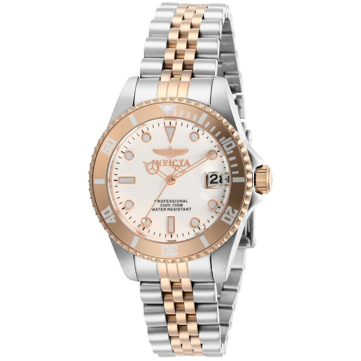 PRODUCT DETAILS Invicta Pro Diver 腕時計 34mm ケース ローズゴールド ホワイト文字盤 ステンレス レディース 29193【商品仕様】・ ムーブメント：クォーツ（TMI PC32A）・ ケース素材：ステンレススチール・ ケース径：34mm・ バンド素材：ステンレススチール・ バンド幅：16mm・ 文字盤色：ホワイト・ 風防：ミネラルクリスタル・ 防水性：100m【特徴】・ 34mm径のステンレスケースにローズゴールドトーンを組み合わせたデザイン。・ 100mの防水性能を備え、日常の水回りからアクティブなシーンまで対応。・ 風防には耐久性のあるミネラルクリスタルを使用。・ 逆回転防止ベゼルを搭載したPro Diverコレクションのモデル。 ■ 商品について 海外輸入品（説明書は英語表記の場合あり） ■ ご注意 ・掲載画像は実物に近い色味になるよう調整しておりますが、ご利用の環境により差異が生じる場合があります。・複数店舗で在庫を共有しているため、ご注文後に在庫切れとなる場合がございます。 ■ 納期について お届けの目安を必ずご確認ください。 海外正規ルート仕入れ品 海外ブランド ▼ 海外正規ブランド店 正規代理店 ▼ 当 店 ※本商品は並行輸入品です 製造元は正規品と同一のブランド・メーカーです。当店では海外正規ルートより仕入れた商品を取り扱っております。流通ルートが異なるのみで、商品自体に違いはございません。 ── 当店の商品について ── 正規品のみ取り扱い 海外正規店・正規代理店から商品を直接仕入れ、国内に輸入して販売しております。 日本未入荷・海外限定モデルも多数 日本未入荷・海外限定モデルも多数取り扱っております。サイズ・カラー違いや海外限定で販売された製品など、日本では手に入りにくいアイテムをお届けいたします。 お求めやすい価格の理由 海外市場での価格差や流通ルートの違いにより、国内販売価格よりお求めやすくなっております。品質はそのままに、よりお手頃な価格でお届けいたします。 安心保証 ご使用前に万が一、製品に不具合がございました場合は、交換または商品代金のご返金にて対応させていただきます。商品到着後5日以内にご連絡ください。 ご注意 海外からの輸入品となります。海外輸送のため、外箱に軽微なスレ等がある場合がございますが、商品本体には影響ございません。 ※在庫状況は仕入先の在庫情報をもとに出来る限り正確に表示しておりますが、取寄せ商品のため、タイミングによりご注文後に欠品・キャンセルとなる場合がございます。 お探しの商品がございましたら、お気軽にご相談ください。
