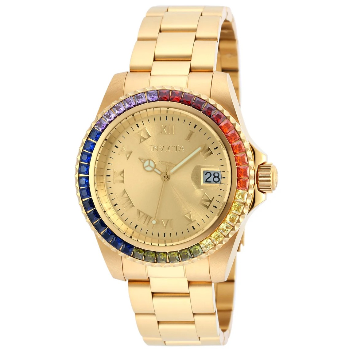PRODUCT DETAILS Invicta Angel 腕時計 40mm ゴールド文字盤 ステンレススチール クオーツ 200m防水 レディース ZG-20022【商品仕様】・ ムーブメント：クオーツ（Ronda 515）・ ケース素材：ステンレススチール・ ケース径：40mm・ バンド素材：ステンレススチール・ バンド幅：20mm・ 文字盤色：ゴールド・ 風防：ミネラルガラス・ 防水：200m【特徴】・ ベゼル周りに42石のキュービックジルコニアを配置した装飾性の高いデザインです。・ ケース、文字盤、バンドのすべてをゴールドカラーで統一しています。・ 200mの防水性能を備えており、ねじ込み式の竜頭を採用しています。・ スイスのRonda社製515ムーブメントを搭載したAngelコレクションのモデルです。 ■ 商品について 海外輸入品（説明書は英語表記の場合あり） ■ ご注意 ・掲載画像は実物に近い色味になるよう調整しておりますが、ご利用の環境により差異が生じる場合があります。・複数店舗で在庫を共有しているため、ご注文後に在庫切れとなる場合がございます。 ■ 納期について お届けの目安を必ずご確認ください。 海外正規ルート仕入れ品 海外ブランド ▼ 海外正規ブランド店 正規代理店 ▼ 当 店 ※本商品は並行輸入品です 製造元は正規品と同一のブランド・メーカーです。当店では海外正規ルートより仕入れた商品を取り扱っております。流通ルートが異なるのみで、商品自体に違いはございません。 ── 当店の商品について ── 正規品のみ取り扱い 海外正規店・正規代理店から商品を直接仕入れ、国内に輸入して販売しております。 日本未入荷・海外限定モデルも多数 日本未入荷・海外限定モデルも多数取り扱っております。サイズ・カラー違いや海外限定で販売された製品など、日本では手に入りにくいアイテムをお届けいたします。 お求めやすい価格の理由 海外市場での価格差や流通ルートの違いにより、国内販売価格よりお求めやすくなっております。品質はそのままに、よりお手頃な価格でお届けいたします。 安心保証 ご使用前に万が一、製品に不具合がございました場合は、交換または商品代金のご返金にて対応させていただきます。商品到着後5日以内にご連絡ください。 ご注意 海外からの輸入品となります。海外輸送のため、外箱に軽微なスレ等がある場合がございますが、商品本体には影響ございません。 ※在庫状況は仕入先の在庫情報をもとに出来る限り正確に表示しておりますが、取寄せ商品のため、タイミングによりご注文後に欠品・キャンセルとなる場合がございます。 お探しの商品がございましたら、お気軽にご相談ください。