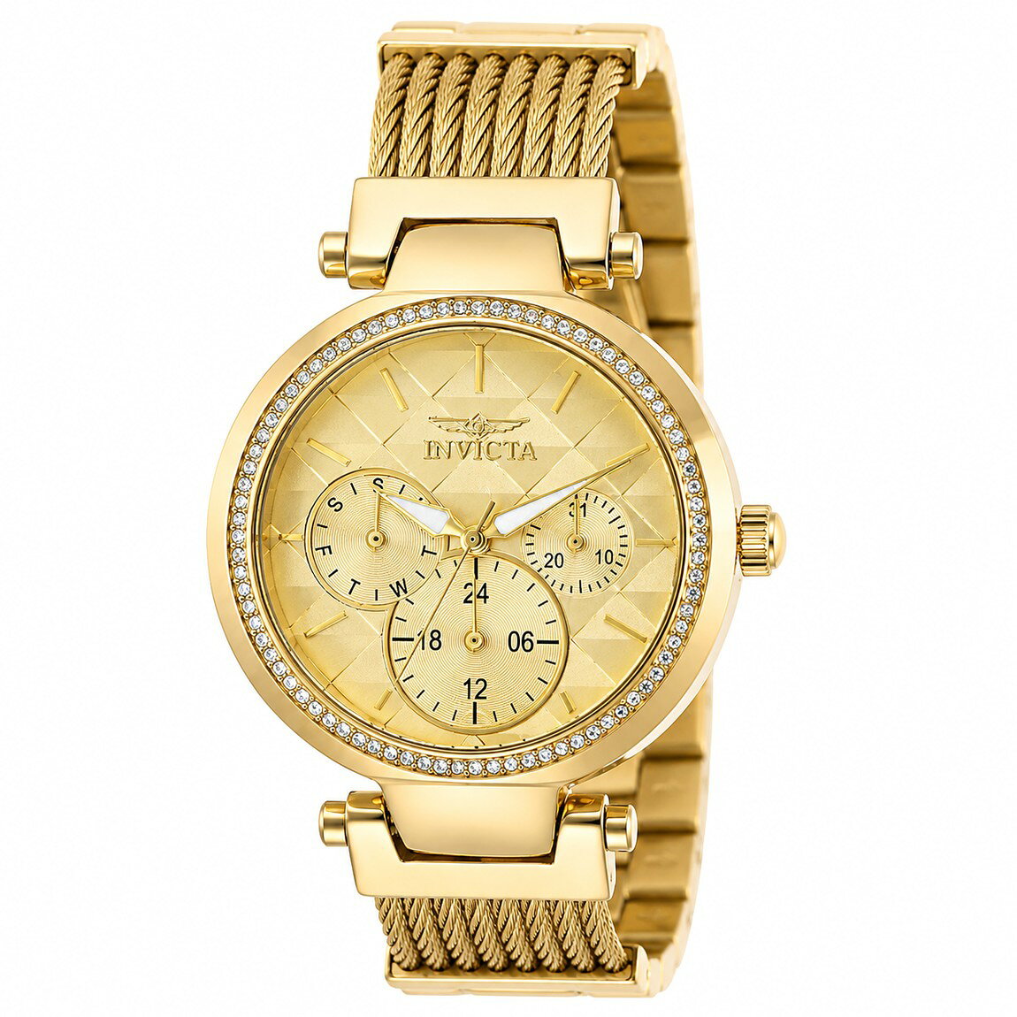 PRODUCT DETAILS Invicta Angel 腕時計 36mm ケース径 ゴールド 文字盤ゴールド ケーブルバンド レディース 28918【商品仕様】・ ムーブメント：クォーツ (TMI VH63)・ ケース素材：ステンレススチール・ ケース径：36mm・ バンド素材：ステンレススチール、ケーブル・ バンド長：170mm・ バンド幅：18mm・ 文字盤色：ゴールド・ 風防：フレームフュージョンクリスタル・ 防水：100m【特徴】・ ステンレススチール製のケーブルを組み合わせたゴールドカラーのバンドを採用しています。・ ケースおよび文字盤には合計80粒の装飾石が配されています。・ 24時間表示機能を搭載したTMI社製のクォーツムーブメントを使用しています。・ 風防には耐性のあるFlame Fusion Crystalを使用し、実用性を備えています。・ 10気圧（100m）の防水性能を有しています。 ■ 商品について 海外輸入品（説明書は英語表記の場合あり） ■ ご注意 ・掲載画像は実物に近い色味になるよう調整しておりますが、ご利用の環境により差異が生じる場合があります。・複数店舗で在庫を共有しているため、ご注文後に在庫切れとなる場合がございます。 ■ 納期について お届けの目安を必ずご確認ください。 海外正規ルート仕入れ品 海外ブランド ▼ 海外正規ブランド店 正規代理店 ▼ 当 店 ※本商品は並行輸入品です 製造元は正規品と同一のブランド・メーカーです。当店では海外正規ルートより仕入れた商品を取り扱っております。流通ルートが異なるのみで、商品自体に違いはございません。 ── 当店の商品について ── 正規品のみ取り扱い 海外正規店・正規代理店から商品を直接仕入れ、国内に輸入して販売しております。 日本未入荷・海外限定モデルも多数 日本未入荷・海外限定モデルも多数取り扱っております。サイズ・カラー違いや海外限定で販売された製品など、日本では手に入りにくいアイテムをお届けいたします。 お求めやすい価格の理由 海外市場での価格差や流通ルートの違いにより、国内販売価格よりお求めやすくなっております。品質はそのままに、よりお手頃な価格でお届けいたします。 安心保証 ご使用前に万が一、製品に不具合がございました場合は、交換または商品代金のご返金にて対応させていただきます。商品到着後5日以内にご連絡ください。 ご注意 海外からの輸入品となります。海外輸送のため、外箱に軽微なスレ等がある場合がございますが、商品本体には影響ございません。 ※在庫状況は仕入先の在庫情報をもとに出来る限り正確に表示しておりますが、取寄せ商品のため、タイミングによりご注文後に欠品・キャンセルとなる場合がございます。 お探しの商品がございましたら、お気軽にご相談ください。
