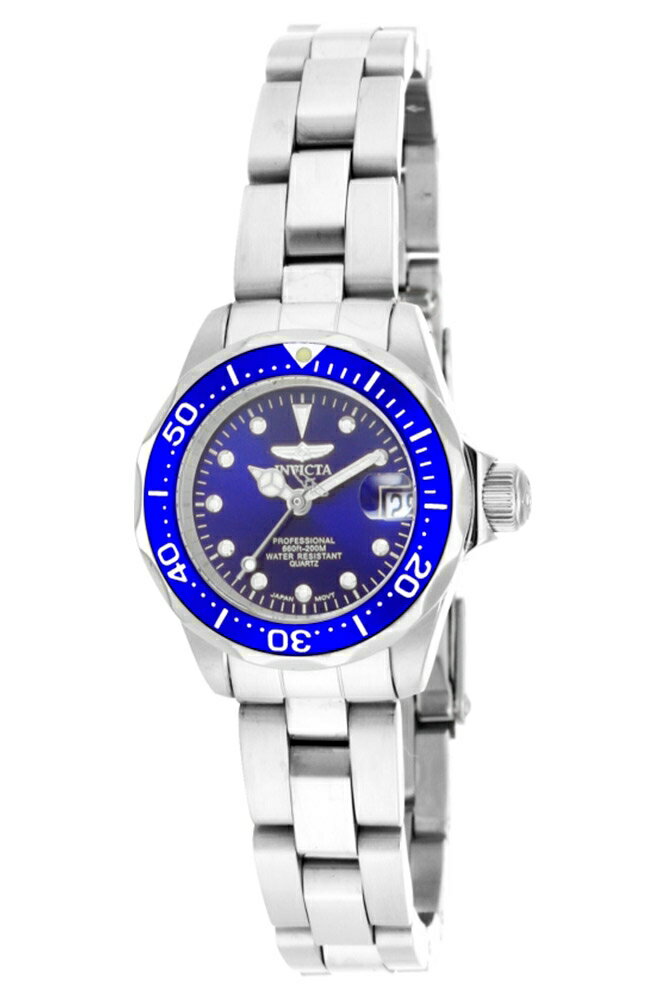 商品説明 インビクタ プロダイバー レディース 腕時計 クォーツ 24.5mm 100m防水 ステンレス ブルー文字盤 アナログ ダイバーズスタイル シルバー【商品仕様】ムーブメント：クォーツケース素材：ステンレススチールケース径：24.5mm文字盤カラー：ブルー文字盤素材：メタルベルト素材：ステンレススチールベルトカラー：シルバー防水性能：100m風防：ミネラルクリスタルカレンダー機能：日付表示蓄光：ありベルト幅：12mmベルト長：175mm【特徴】インビクタの人気シリーズ「プロダイバー」コレクションのレディースモデルです。信頼性の高いクォーツムーブメントを搭載し、鮮やかなブルーの文字盤が映える洗練されたデザイン。100メートルの防水性能と耐久性に優れたステンレスステンレスステンレススチール製のケース・ベルトを組み合わせ、日常使いからアクティブなシーンまで幅広く対応します。クラシックなスタイルと優れたパフォーマンスを兼ね備えた腕時計です。 商品について 本製品は海外からの輸入品です。取扱説明書が付属する場合は英語表記となり、日本語説明書は付属しておりません。 ご注意 商品イメージは極力商品本来の色が出るよう注意していますが、 ご覧になる環境（ディスプレイ機器、画面解像度） などにより、 若干の違いが出ることがあります。在庫管理に関しましては細心の注意を払っておりますが、他サイトとの併売の為、在庫切れの場合がございます。万が一売り切れの場合はメールご連絡させていただきます。 納期について お届けの目安を必ずご確認ください。