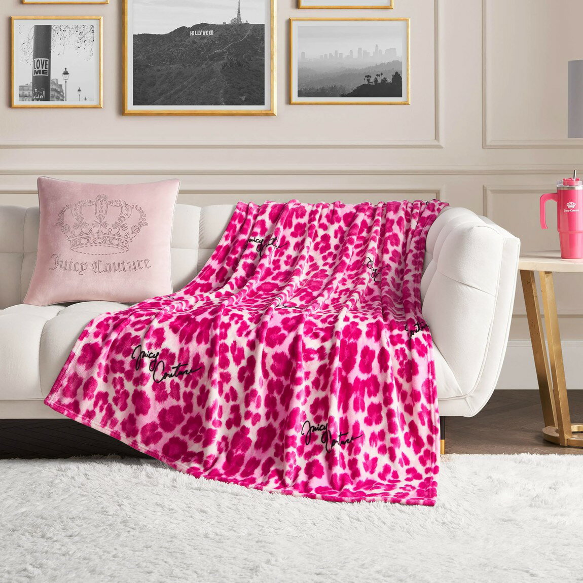 Rakuten - Juicy Couture ジューシークチュール レジェント レオパード プリント ブランケット 127×178cm ピンク 毛布 ひざ掛け 大判 フランネル マイクロファイバー 暖か ヒョウ柄 寝具 インテリア ソファカバー