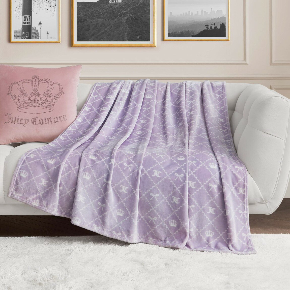 Rakuten - ジューシークチュール プラッシュ スローブランケット 152cm × 178cm アイコンスカラップ パープル 毛布 ひざ掛け 大判 ブランケット 寝具 おしゃれ 洗える