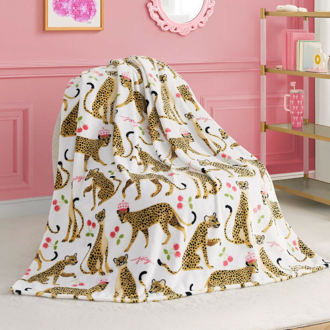 Rakuten - Juicy Couture ジューシークチュール キッズ ブランケット 127×178cm チーター ホワイト 毛布 ひざ掛け 大判 軽量 暖かい 洗える 子供用 寝具