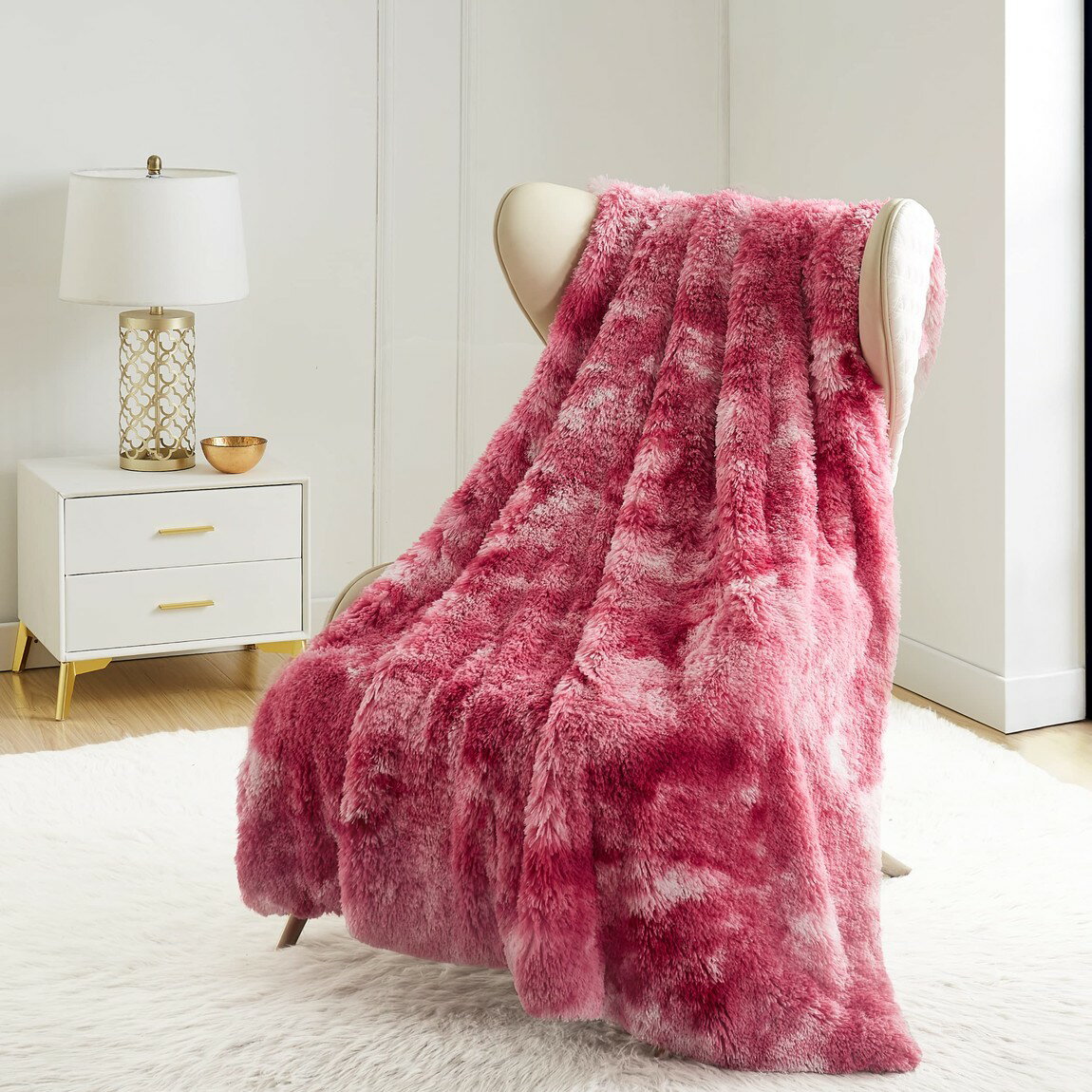 Rakuten - ジューシークチュール シャギー フェイクファー ブランケット 約127cm×178cm ピンクタイダイ ひざ掛け 毛布 大判 厚手 おしゃれ かわいい 洗える 寝具 ソファカバー 暖かい