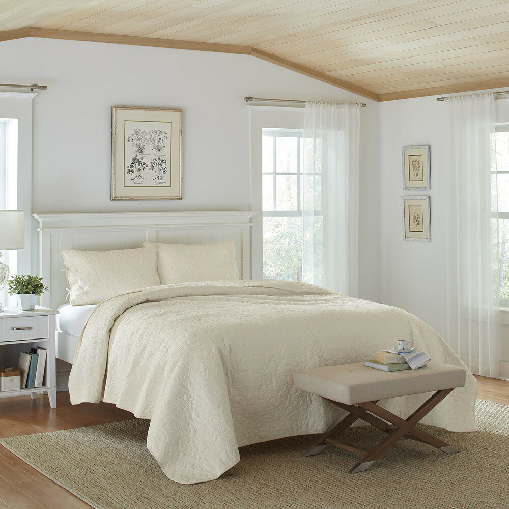 Laura Ashleyローラアシュレイ フェリシティコレクション - キルトセット - 100%コットン リバーシブル オールシーズン寝具 シャム付き 柔らかさ増すための洗い加工済み キング アイボリー