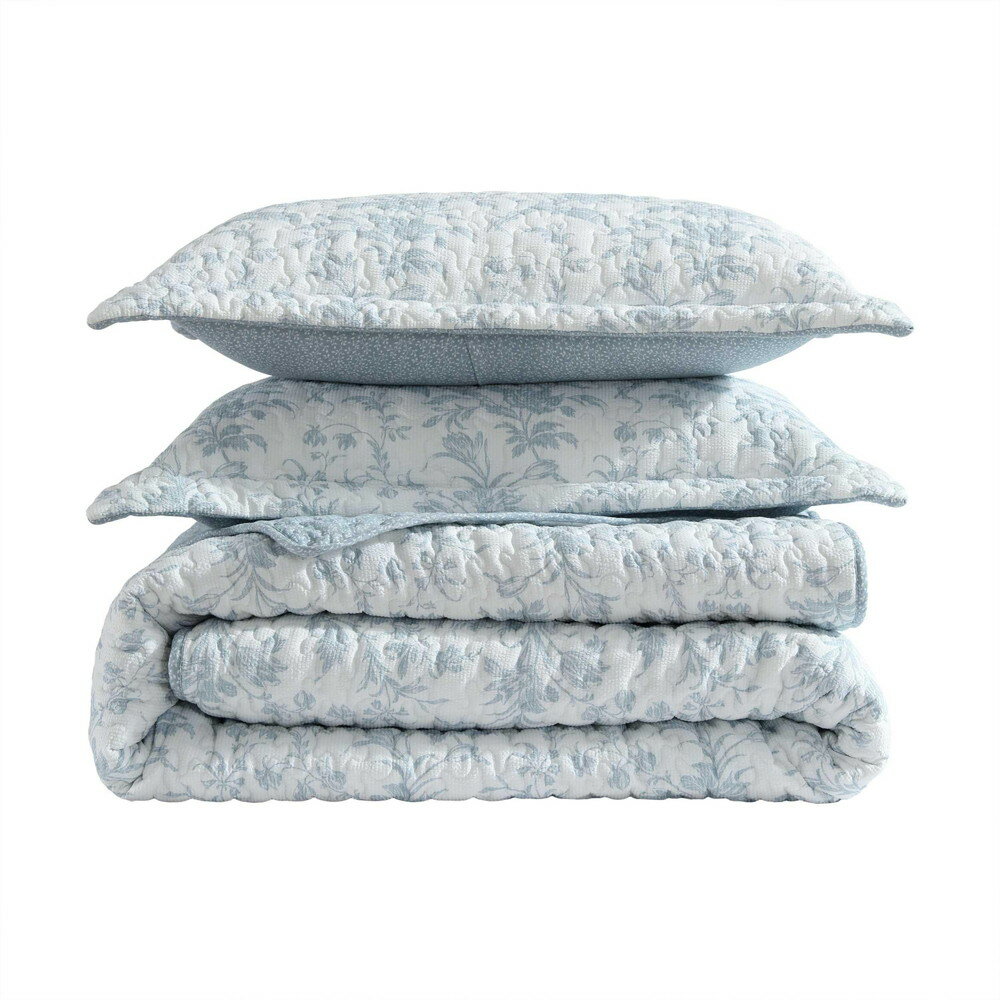 Laura Ashleyローラアシュレイ キング キルトセット シアサッカーテクスチャー寝具 シャム付き リバーシブル寝具エッセンシャルズ (アンバリー パステルブルー, キング) [2]