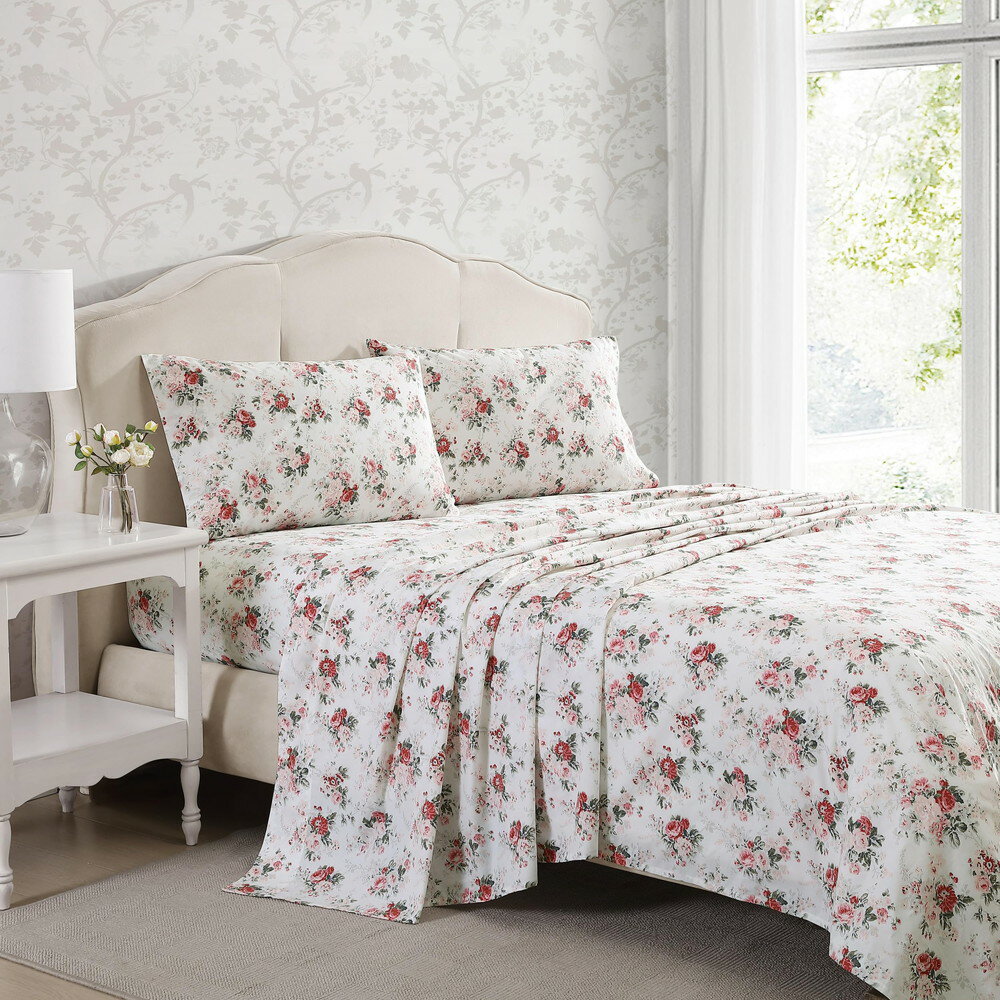 Laura Ashley クイーンシーツ コットンパーケル寝具セット 軽量 通気性 ホームデコ...