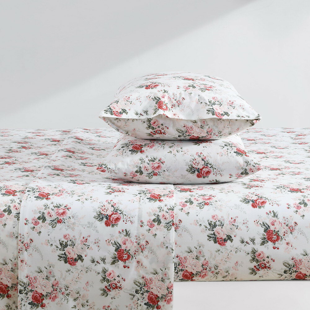 Laura Ashley クイーンシーツ コットンパーケル寝具セット 軽量 通気性 ホームデコ...