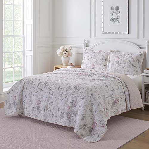Laura Ashleyローラアシュレイ ブリージーフローラル ピンク/グレー リバーシブル コットン キルトセット 枕カバー付き クイーンサイズ
