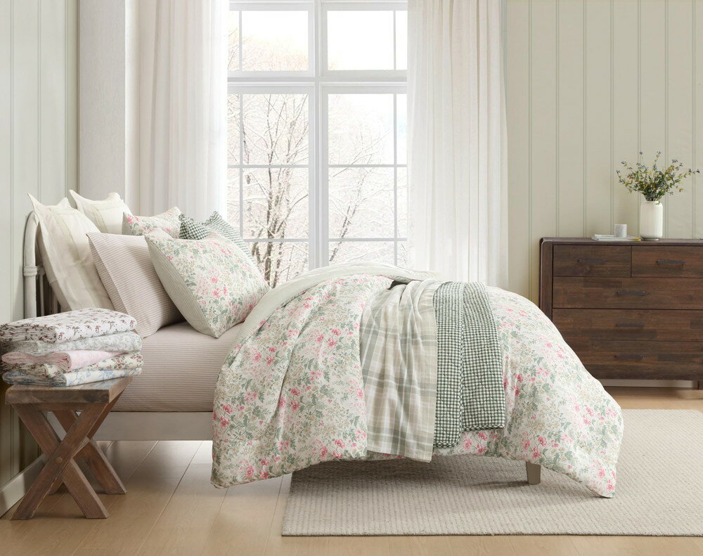 Laura Ashley コットンフランネル ベッドリネンセット Chelsie Vine Grey フル 3ピース 綿100% 2