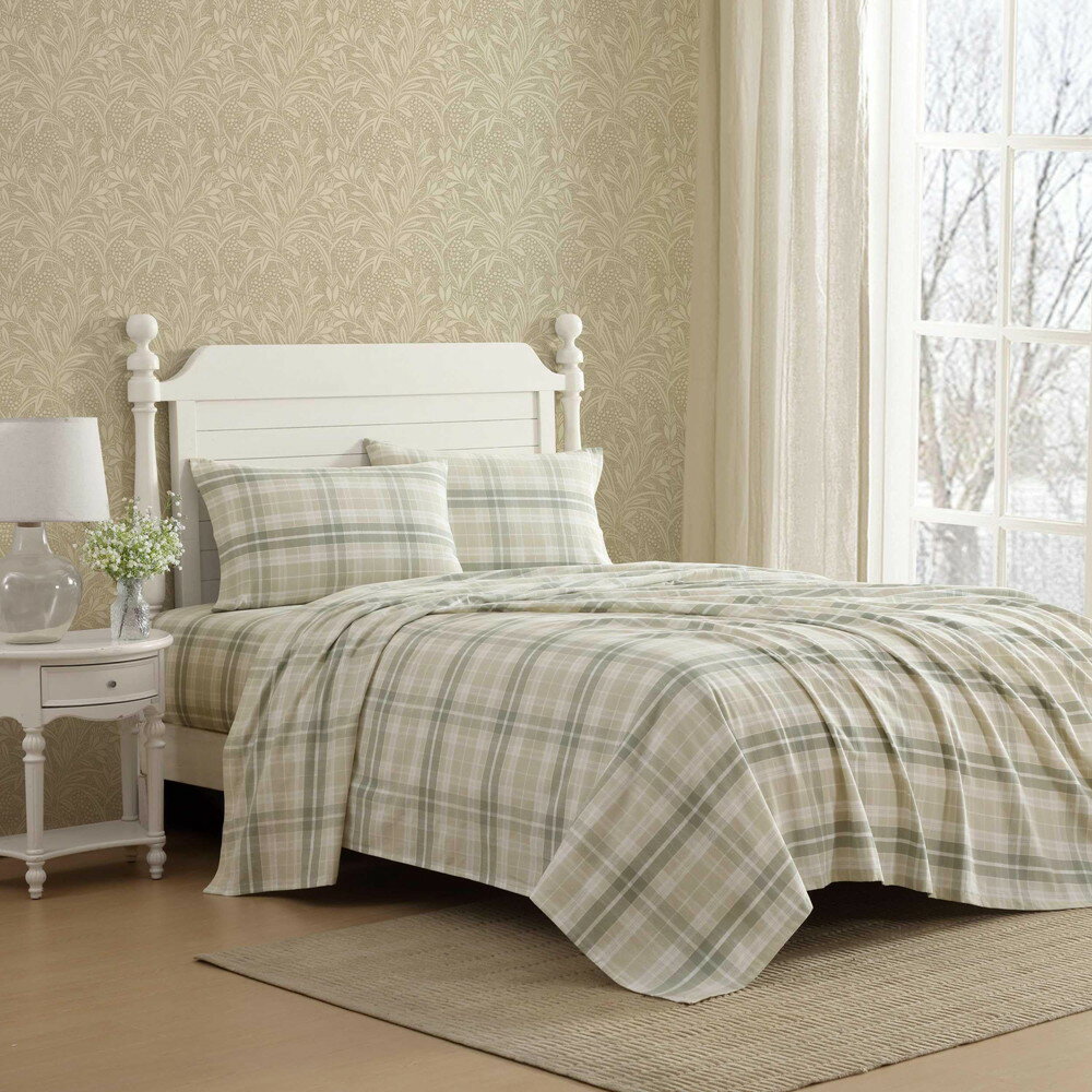 Laura Ashley フランネルシーツ クイーンサイズ 抗ピル リンクル耐性 コットン Mulholland Plaid Green(3.0)