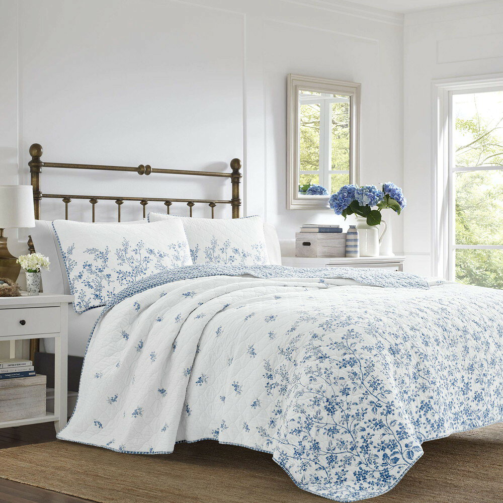 Laura Ashley Home クイーンキルトセット リバーシブル コットン Flora Blue クイーン(3)
