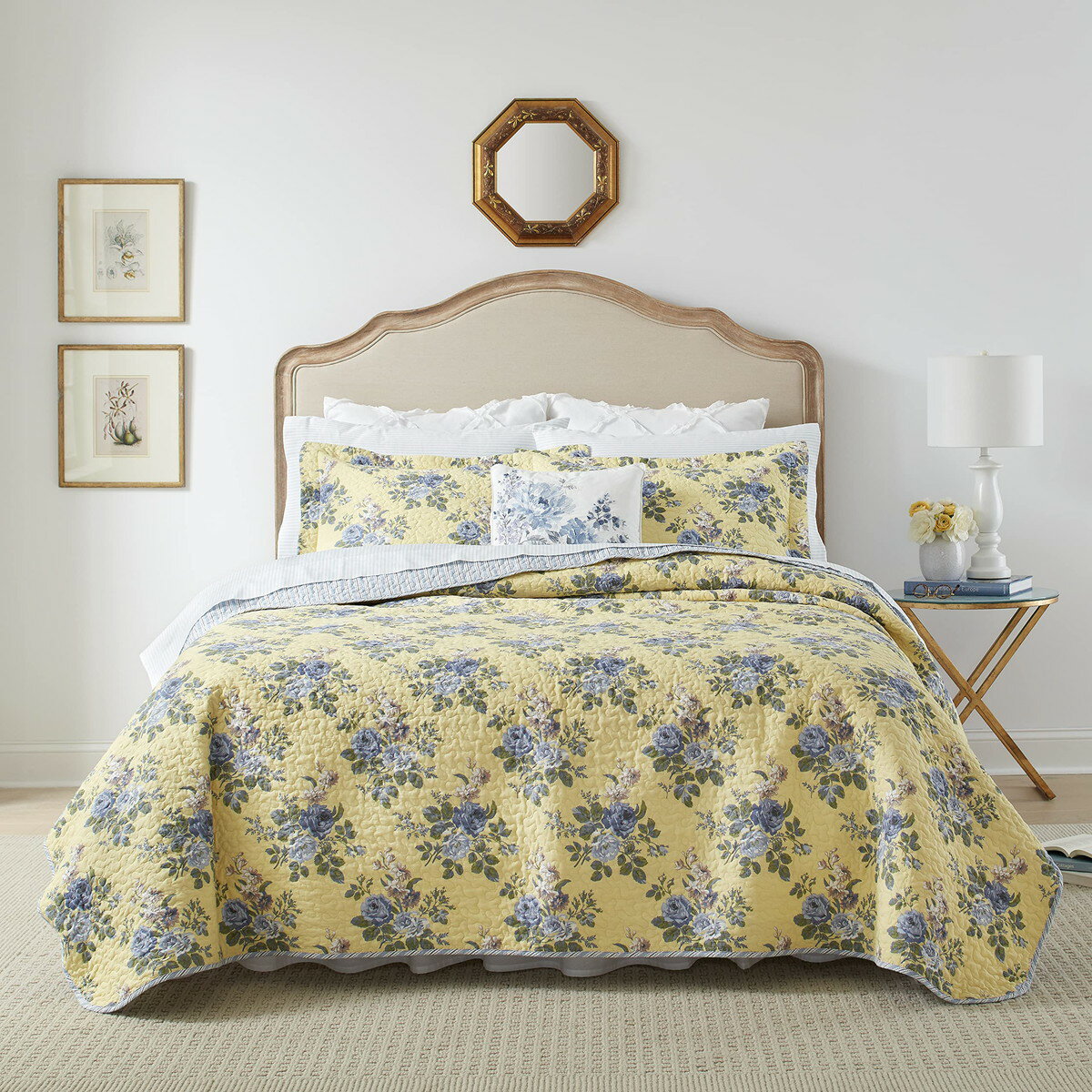 Futon Covers - Laura Ashley シングルサイズ キルトセット Linley Yellow ベッドカバー ピローケース付き 花柄 リバーシブル