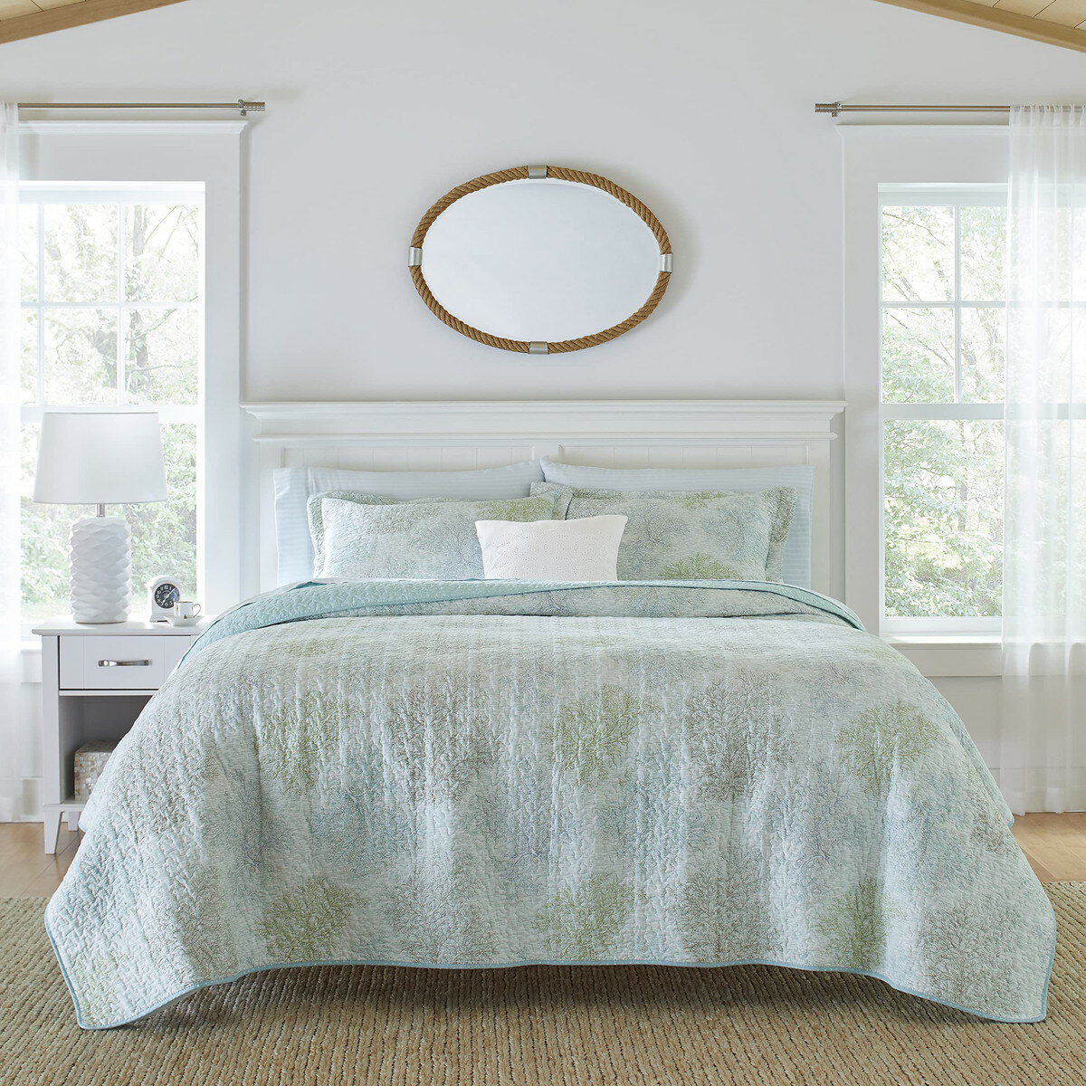樂天商城 - Laura Ashley クイーンサイズ キルトセット ソルトウォーターブルー リバーシブル 綿100% 寝具 カバー 枕カバー付