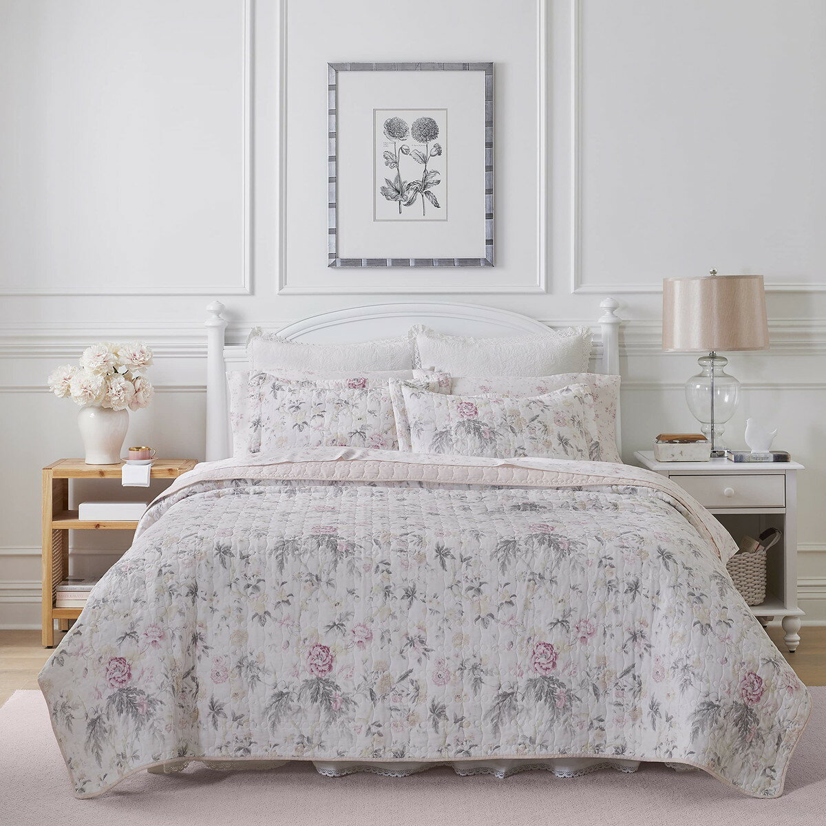 Futon Covers - Laura Ashley キングサイズ キルトセット ベッドカバー 枕カバー付き 花柄 リバーシブル 綿100％ ピンク グレー