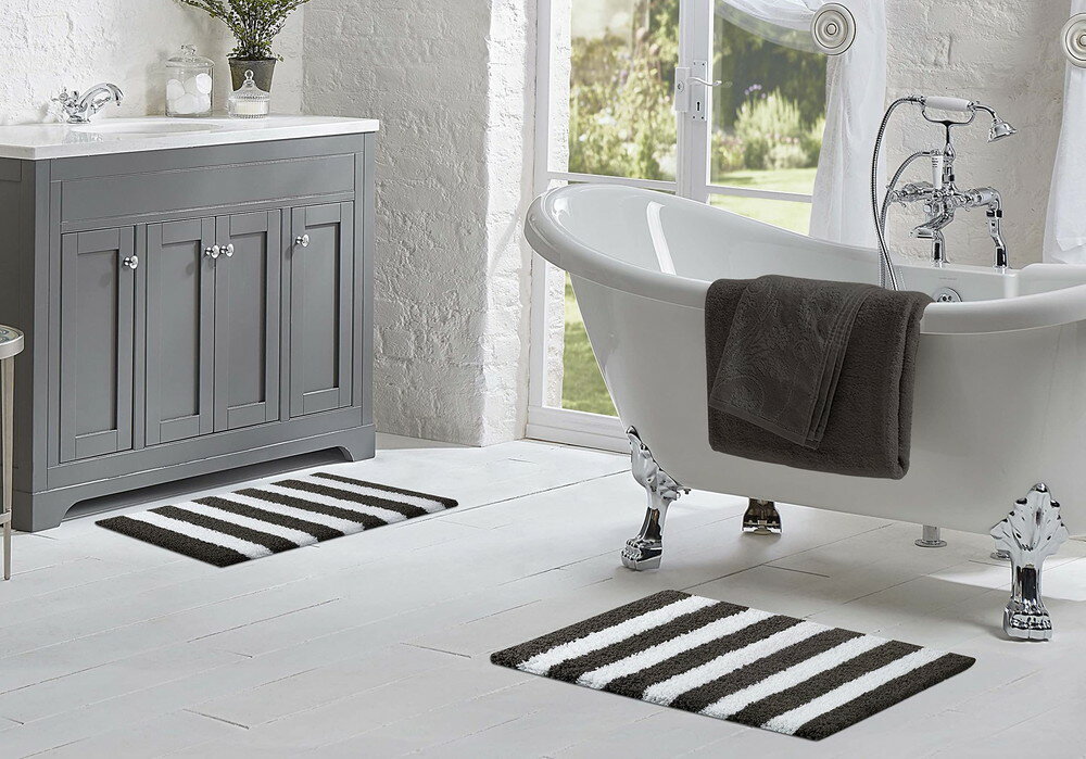 Laura Ashley Edens ストライプ バスマット 2枚セット 100% ポリエステル 17 x 24 20 x 32 ライトグレ..