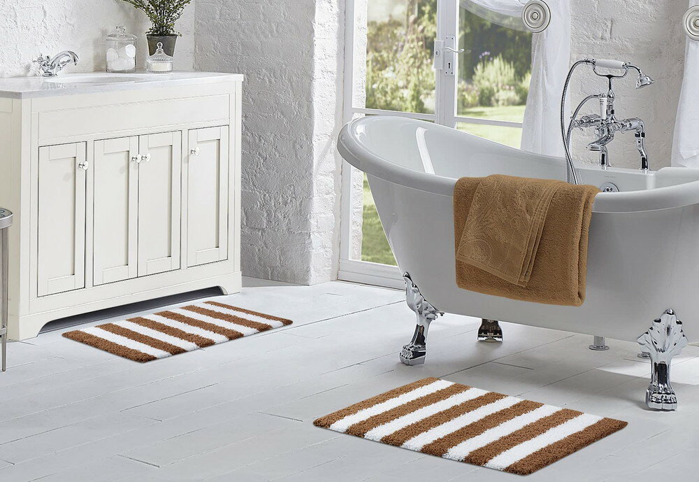 Laura Ashley Edens ストライプ バスマット 2枚セット 100% ポリエステル 17 x 24 20 x 32 トープグレ..