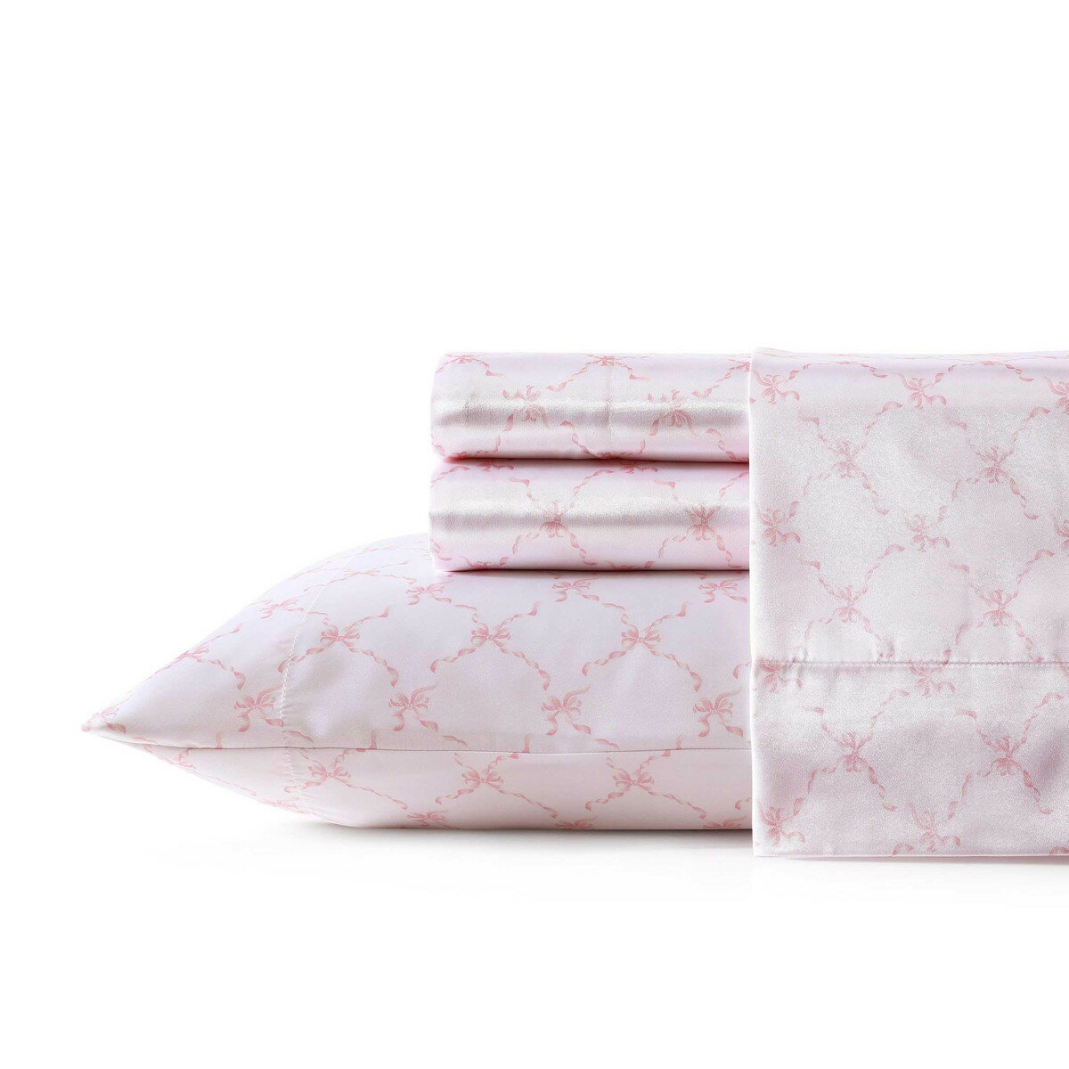 Bedding - Laura Ashley キングサイズ サテンベッドシーツセット ボウリボン柄 ピンク 4点セット 掛け布団カバー ピローケース