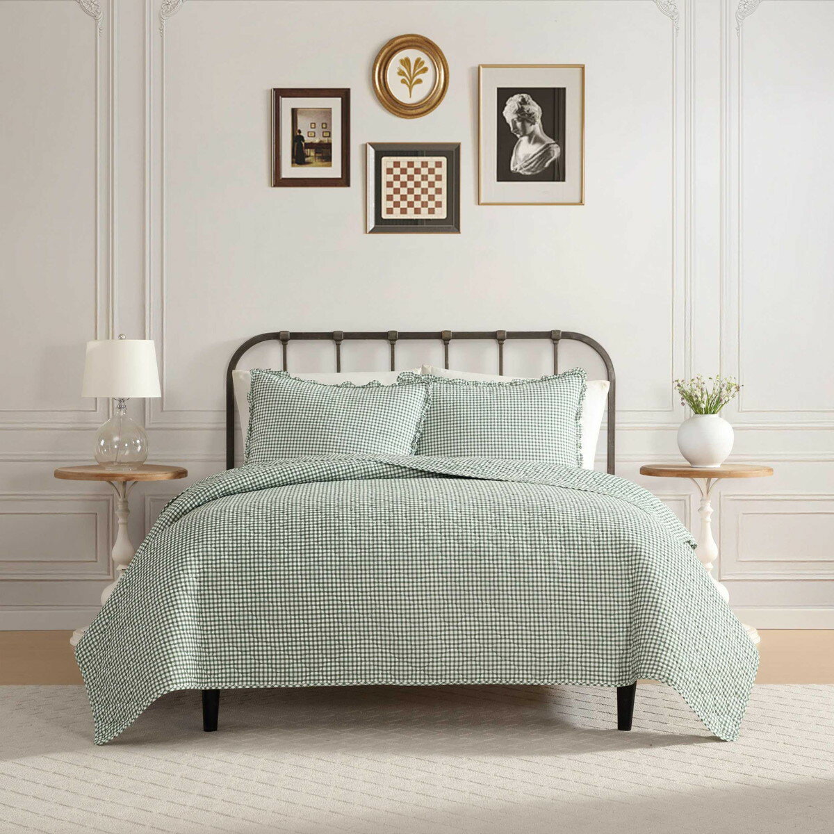 Laura Ashley シングルサイズ キルトセット グリーン ギンガムチェック コットン ベッドカバー 枕カバー付き