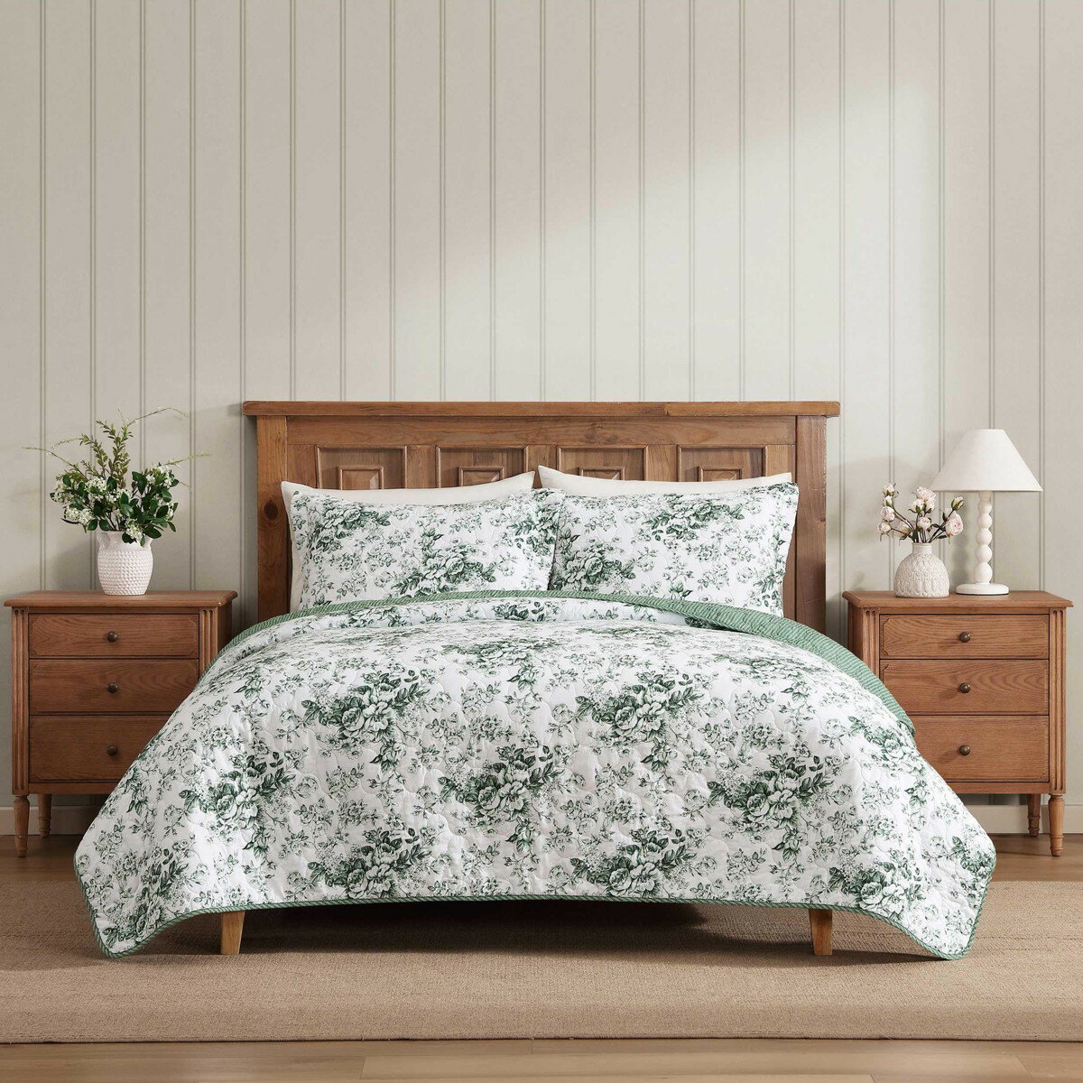 Laura Ashley キングサイズ キルトセット 3点セット トワルデライトグリーン 花柄 コットン ベッドカバー 寝具