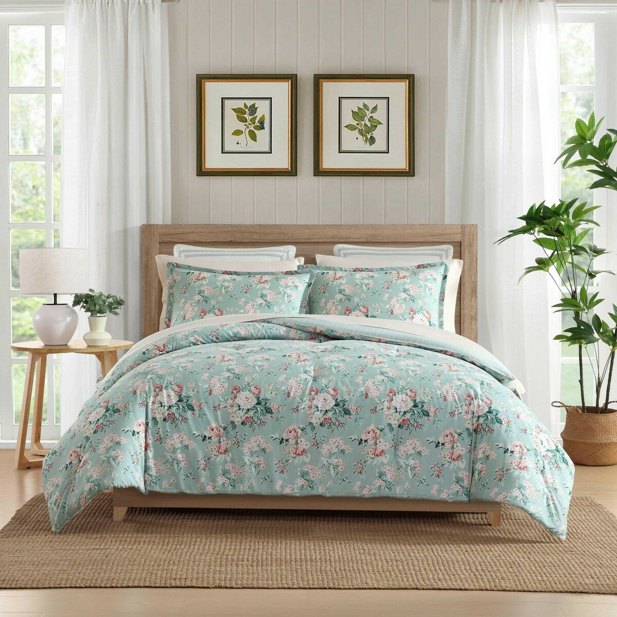 Laura Ashley セミダブル/クイーン兼用 コンフォーターセット Rosemoore Teal 布団カバー 枕カバー付き 花柄