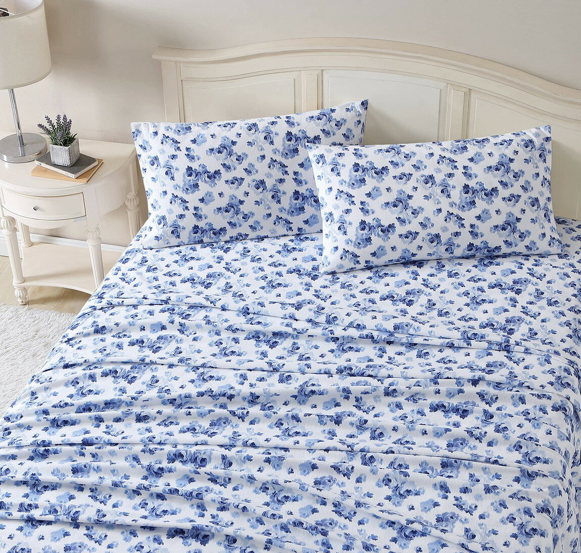 Laura Ashley フランネル シーツセット ブルー 花柄 綿100% 枕カバー付き